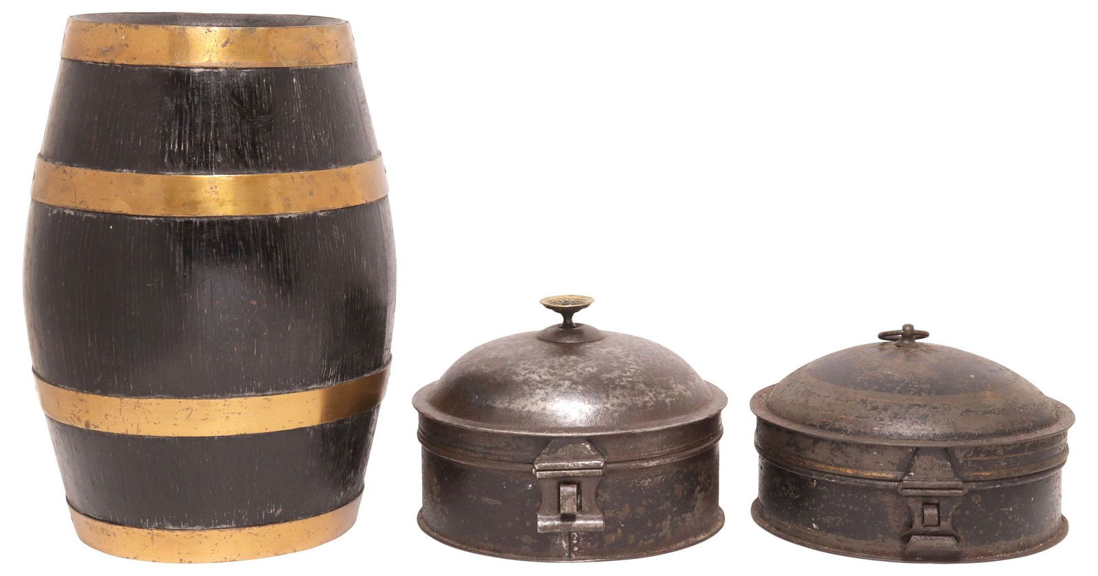 (3) ENGLISH SMALL COOPERED OAK BARREL & GEORGIAN PERIOD SPICE TINS: (lot of 3) English table items, including: (2) Georgian period tin spice jars, hinged lids opening to sectioned interior, centering removable steeping colander, late 18th/ early 19th c., approx "h,