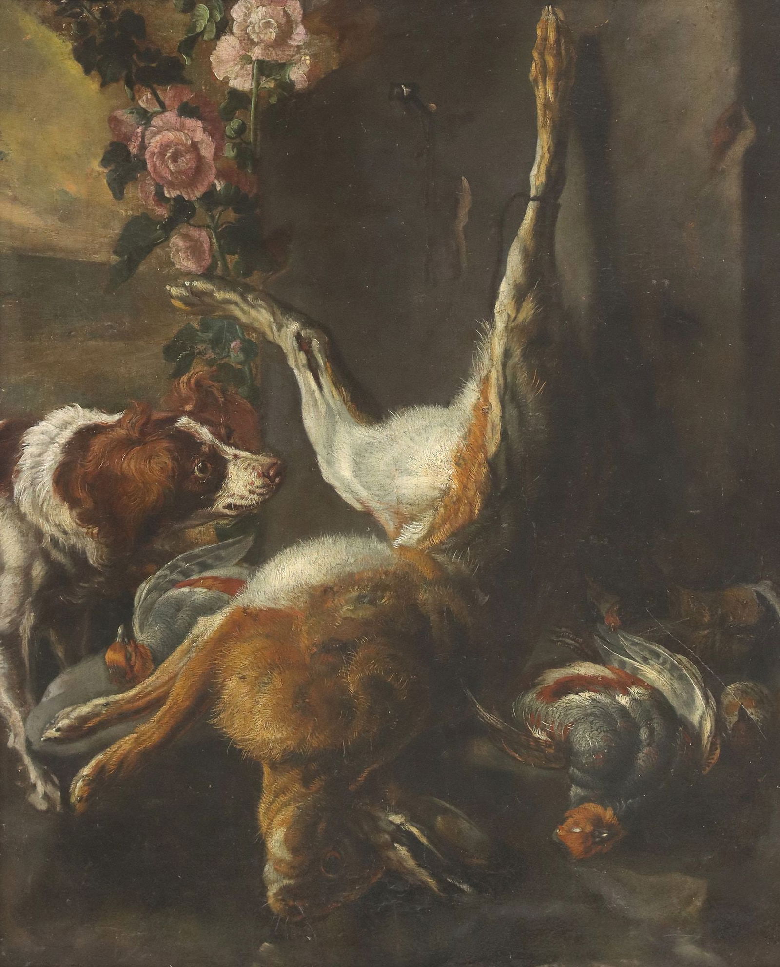 DUTCH SCHOOL STILL LIFE PAINTING WITH GAME & SPANIEL: Framed oil on canvas painting, hunting still life of dead game including a hare and partridges, a spaniel looking on, apparently unsigned, relined, remnants of paper labels on stretchers, sight: