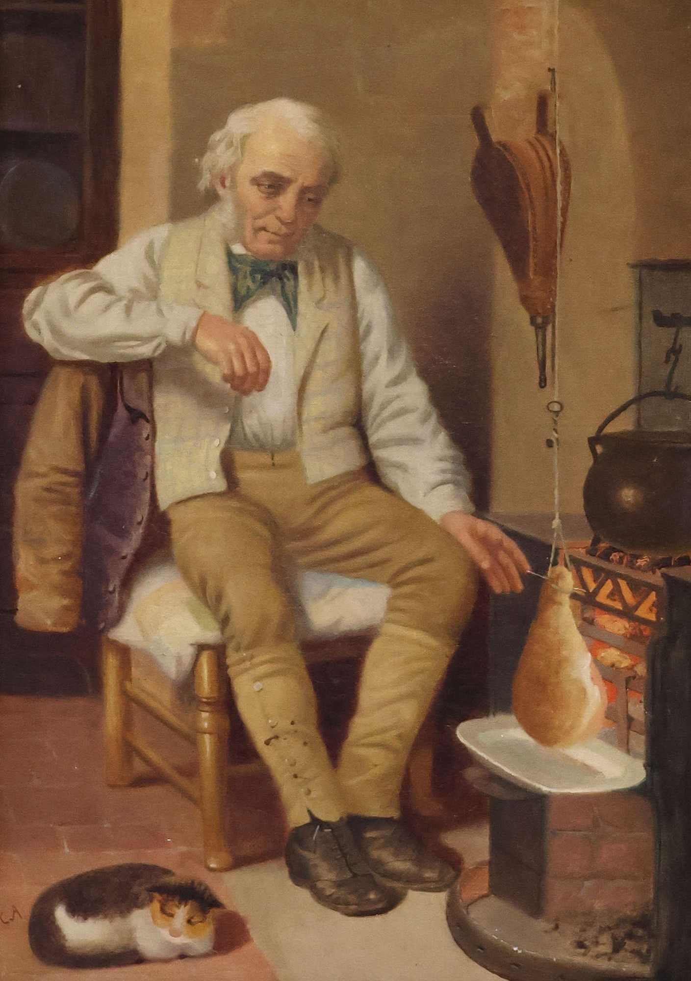 SIGNED ENGLISH SCHOOL OIL PAINTING, ELDERLY GENTLEMEN PREPARING A MEAL: Framed English School oil on canvas painting, Elderly Gentleman Preparing a Meal, initialed lower left C.A., sight: approx 13.5"h, 9.5"w, overall: approx 25.25"h, 21.25"w, 10lbs