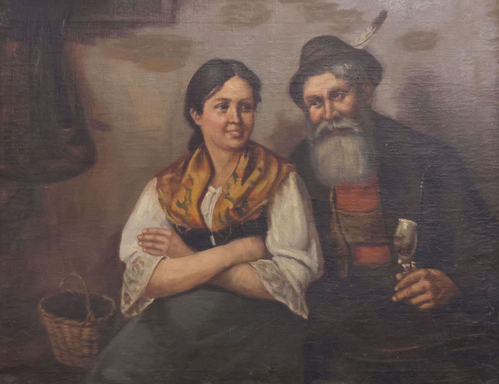 CONTINENTAL SCHOOL OIL PAINTING, YOUNG WOMAN & ALPINE GENTLEMAN: Framed Continental School oil on canvas painting, Young Woman and Alpine Gentleman, apparently unsigned, paint flaking near lower edge, sight: approx 20.5"h, 25.5"w, overall: approx 26.5"h, 31.75"w,