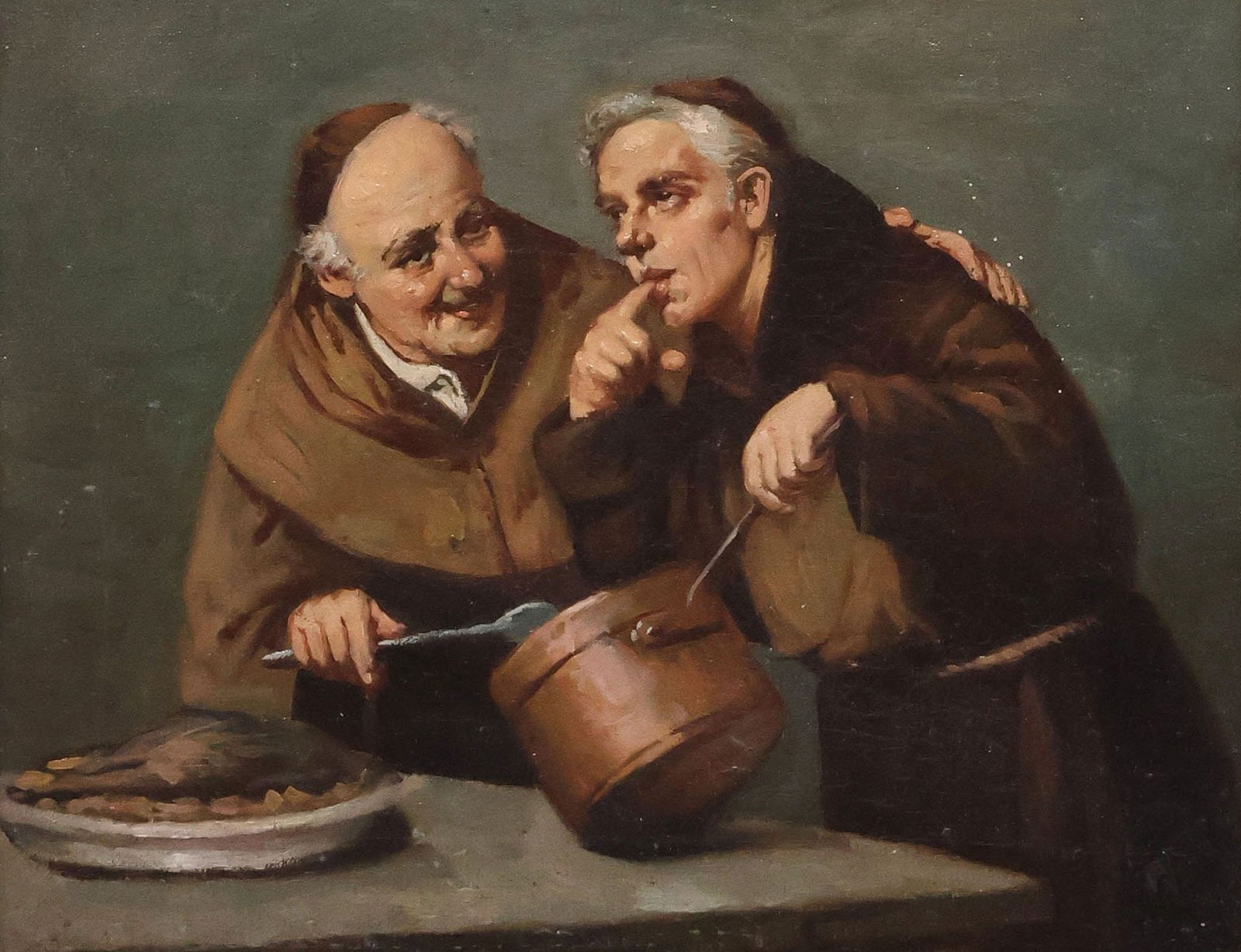 AFTER RAFFAELE FRIGERIO (D.1948) PAINTING, MONKS IN THE KITCHEN: Framed oil on canvas painting, Two Jovial Friars in the Kitchen, in the manner of Raffaele Frigerio (Italian, 1875-1948), apparently unsigned, inscribed illegibly at back stretcher, sight: approx 7