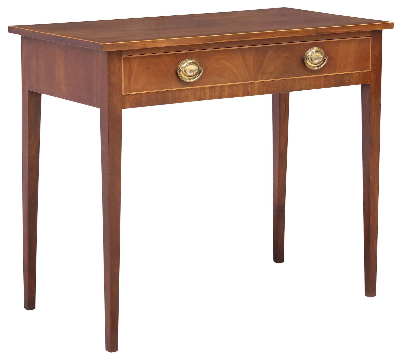 ENGLISH HEPPLEWHITE STYLE INLAID MAHOGANY CONSOLE TABLE: English Hepplewhite style mahogany console table, 19th c., having rectangular top with string inlay trim, fitted with two drawers, rising on tapered legs, approx 28.75"h, 34.5"w, 18.25"d