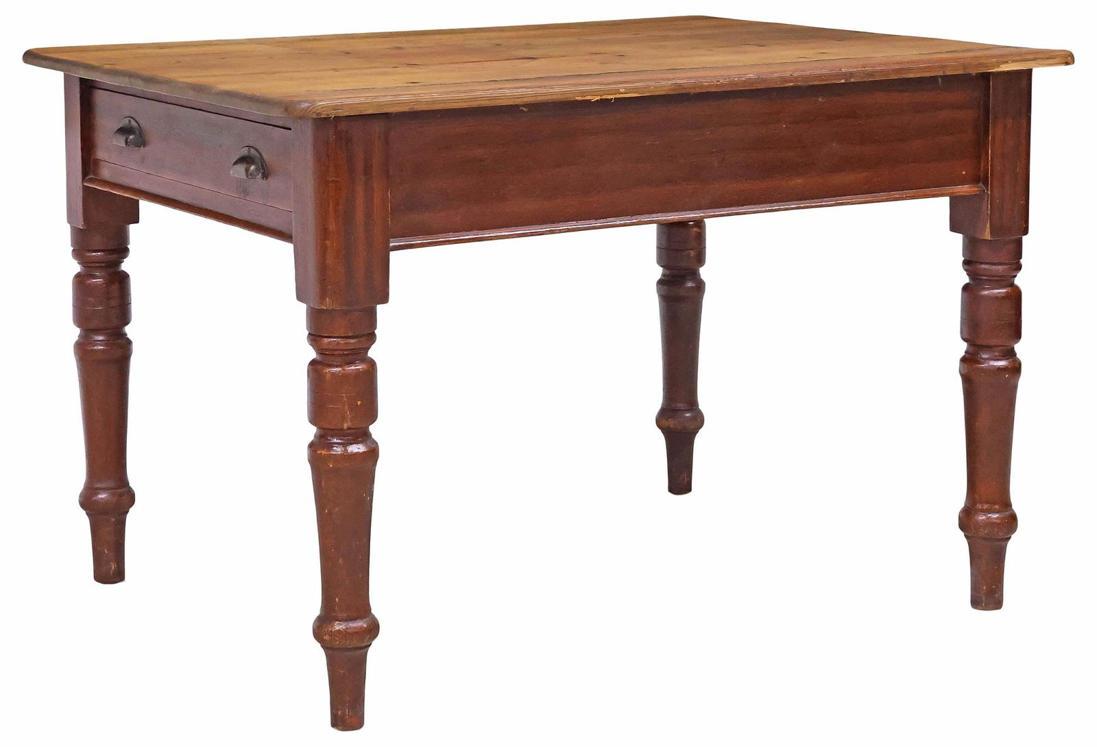 RUSTIC ENGLISH VICTORIAN PINE-TOP & GRAIN-PAINTED FARMHOUSE TABLE: English Victorian farmhouse table, 19th c., having scrubbed pine top, rising on grain-painted base, apron fitted with two drawers, rising on tapered legs, ending on turned feet, approx 30"h, 45.5"l, 3