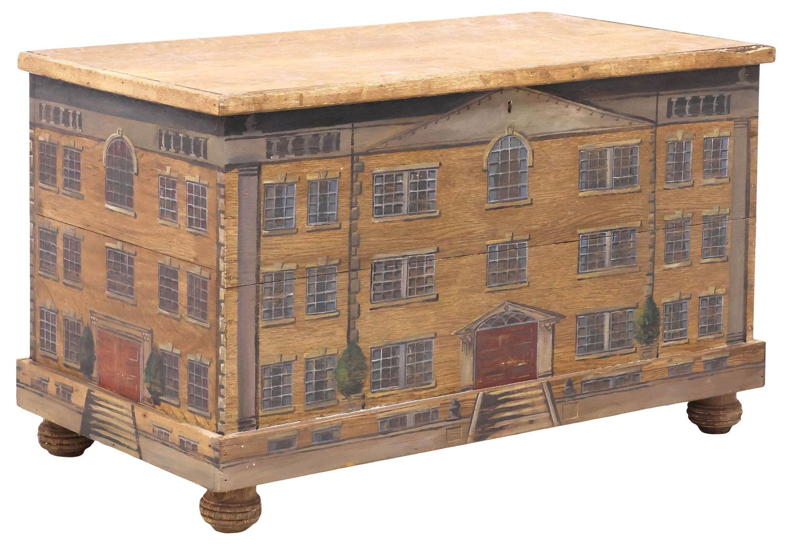 LARGE ENGLISH PAINT-DECORATED HOUSE FACADE STORAGE CHEST: Large English paint-decorated wood blanket box/ storage chest, 19th c., the exterior later painted as a Georgian style house facade, having hinged top, revealing open interior storage, raised on ribbe