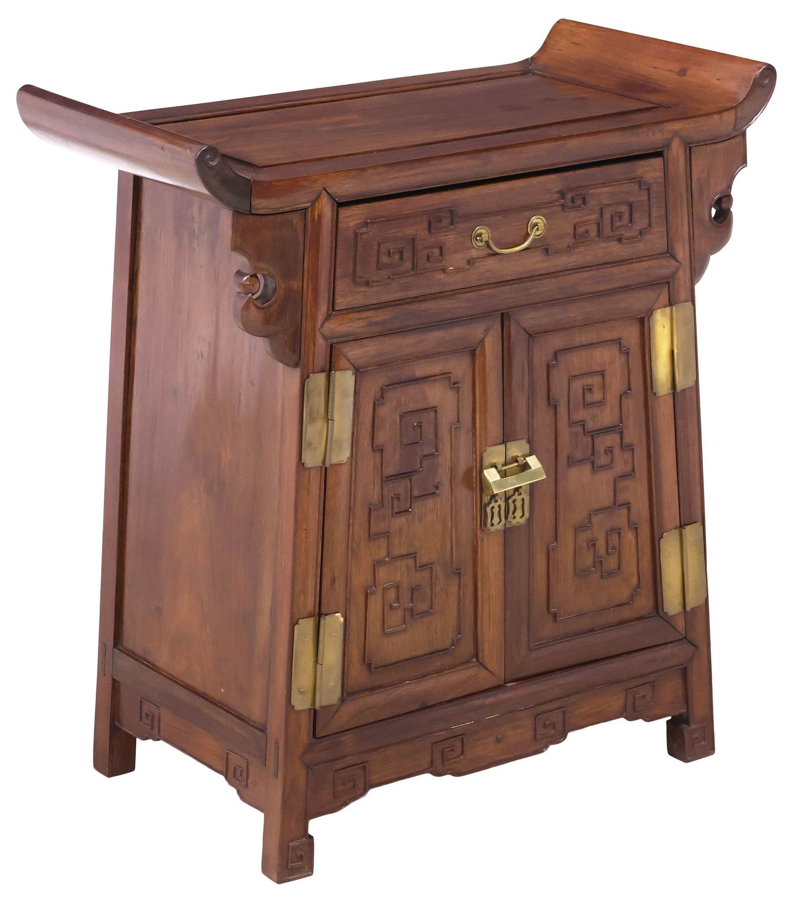 CHINESE PANELED HARDWOOD ALTAR CABINET: Chinese hardwood altar cabinet, having paneled top with curved ends, over single drawer, and a pair of doors, each with raised meander pattern trim, cabinet enclosing fixed-height shelf, equipped with