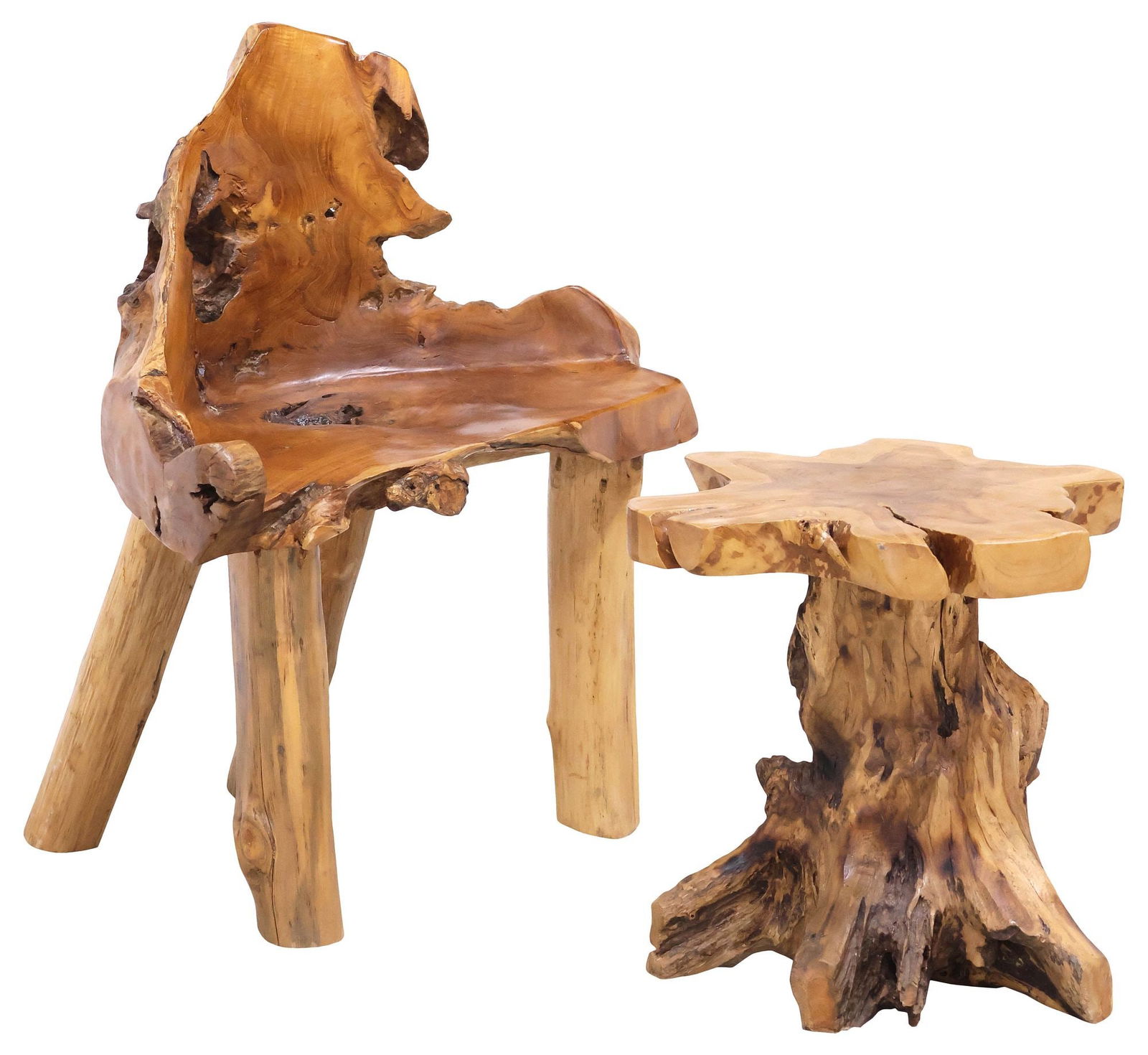 (2) RUSTIC LIVE-EDGE BURLWOOD CHAIR & SLAB-TOP SIDE TABLE: (lot of 2) Rustic live edge burlwood chair and accent table, 20th c., including: (1) chair, sculptural back continuing into seat, rising on cylindrical legs, approx 32.25"h, 31"w, 19"d, seat height: a