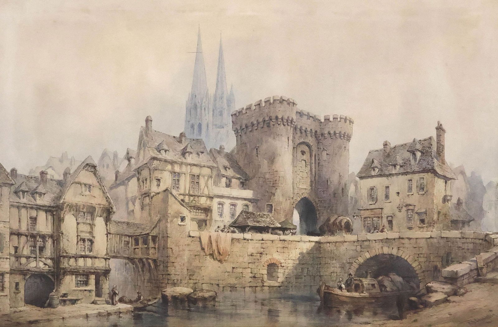 NEIL STUART CRICHTON (BRITISH, D.1913) WATERCOLOR, CHARTRES CATHEDRAL: Framed watercolor on paper painting, La Porte Guillaume with Chartres Cathedral, signed lower right N.S. Crichton (Neil Stuart Crichton, British, 1854-1913), sight: approx 22.75"h, 35"w, overall: appr