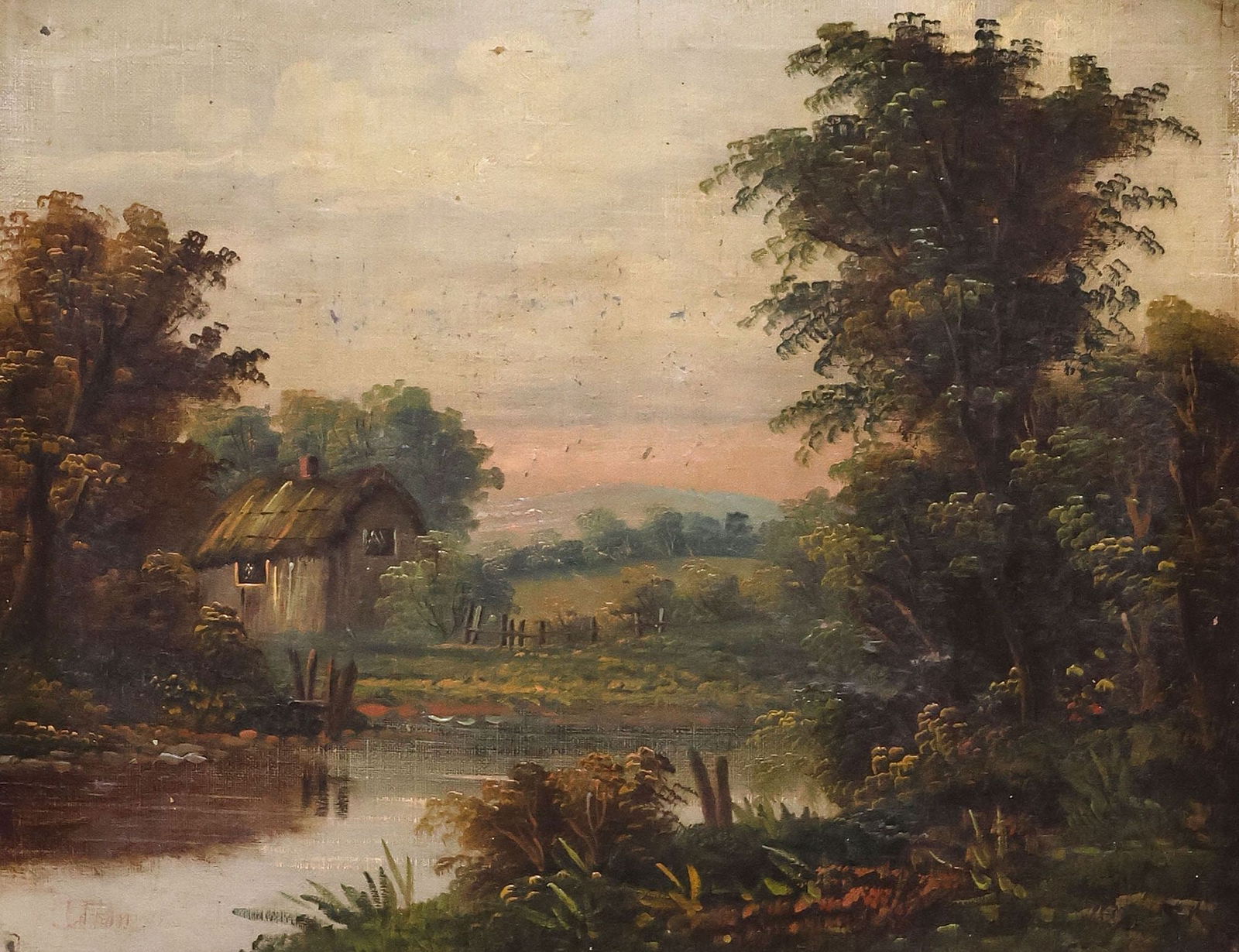 FRAMED ENGLISH SCHOOL LANDSCAPE PAINTING, PONDSIDE COUNTRY COTTAGE (1 of 4)