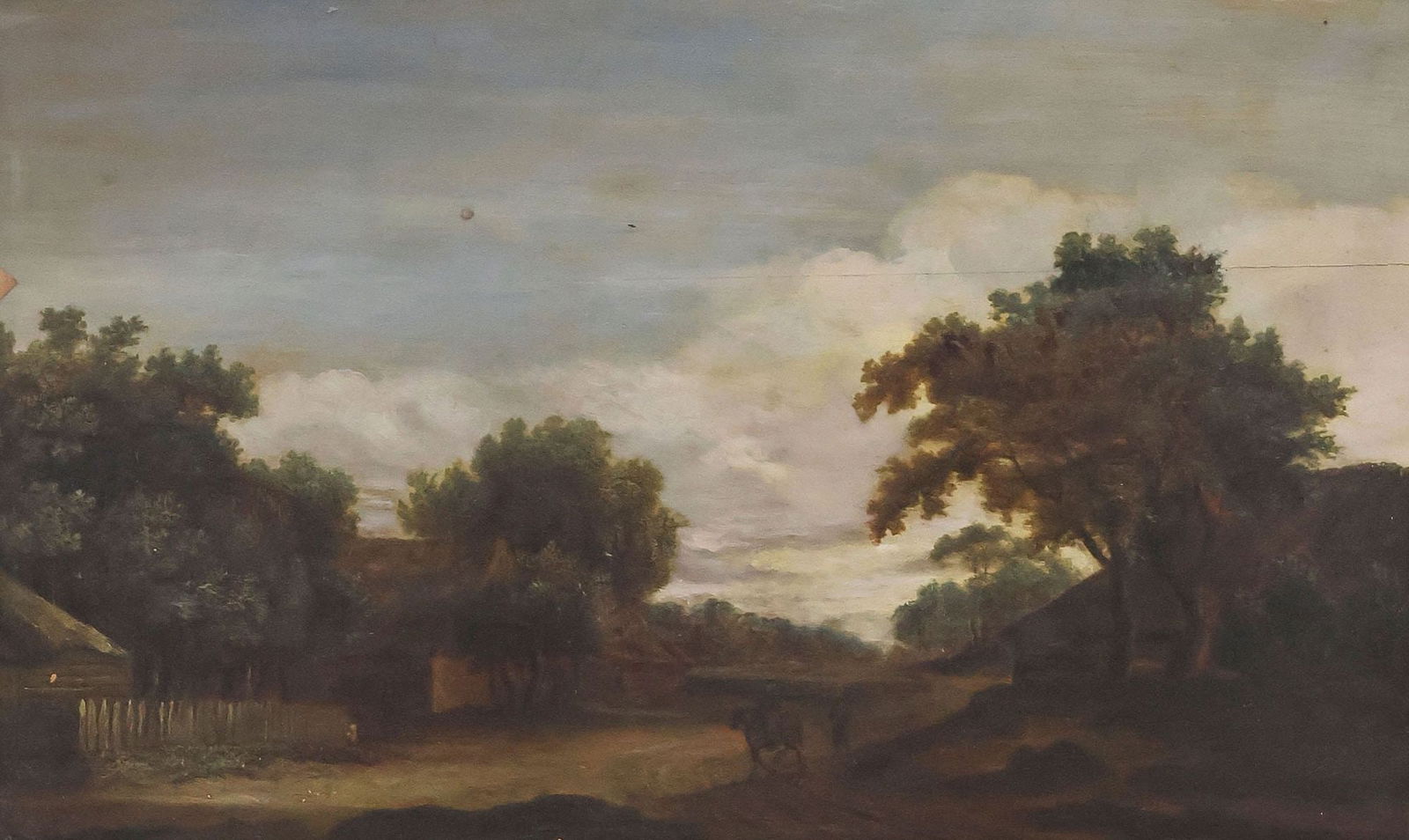 FRAMED ENGLISH SCHOOL LANDSCAPE PAINTING, COUNTRY VILLAGE AT DUSK: Framed English School oil on panel painting, Provincial Scene at Dusk, under glass, apparently unsigned, with stable horizontal split to panel at the upper quadrant, sight: approx 11.5“h, 19&ldq