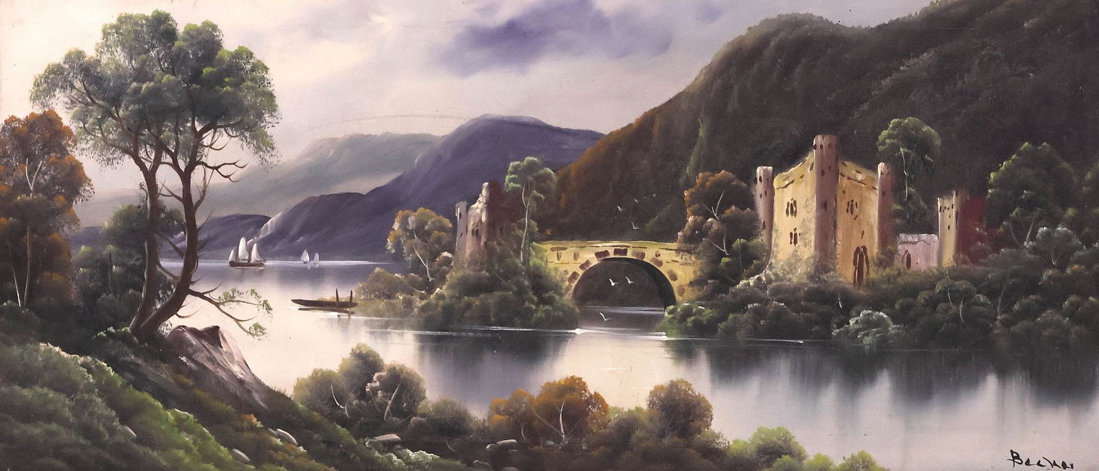 SIGNED SCOTTISH SCHOOL OIL PAINTING, LOCH LANDSCAPE WITH CASTLE & BRIDGE: Framed Scottish School oil on canvas painting, Loch Landscape with Castle and Bridge, signed lower right Beckar (19th c.), pin holes in canvas near upper right corner, sight: approx 17.5"h, 39.5"w, ov