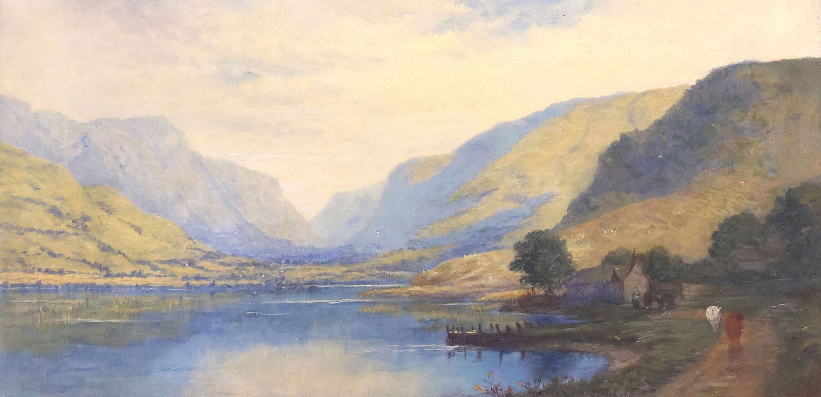 SCOTTISH SCHOOL OIL PAINTING, LOCH LANDSCAPE WITH RURAL FIGURES (1 of 3)