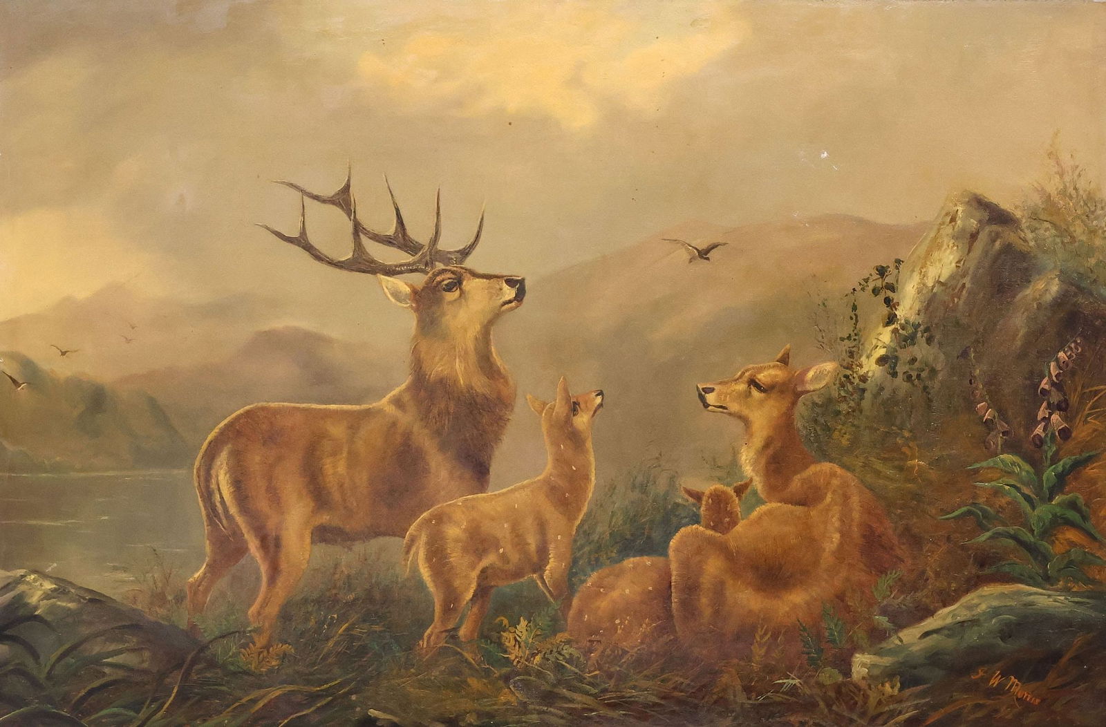 JOHN W. MORRIS (BRITISH, 1865-1924) PAINTING, DEER IN LANDSCAPE, 30" X 45": Framed oil on canvas painting, Family of Deer in Mountainous Landscape, signed lower right J.W. Morris (John W. Morris, English, 1865-1924), canvas relined, sight: approx 29.25"h, 44.5"w, overall: app