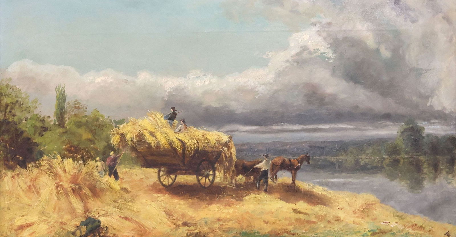 CONTINENTAL SCHOOL OIL PAINTING, HAY HARVEST LANDSCAPE: Framed Continental School oil on canvas painting, Farm Landscape with Horse-Drawn Hay Cart, initialed lower right T.R., sight: approx 13"h, 25"w, overall: approx 20.5"h, 33"w, 11lbs