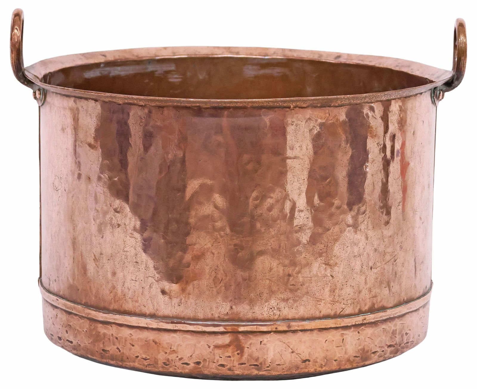 LARGE ENGLISH COPPER COOKING POT / CAULDRON, 20"DIAM: Large English copper cooking pot/ cauldron, late 19th c., hammered construction, having dual raised handles, approx 14"h, 20"w, 19"d, 14.5lbs