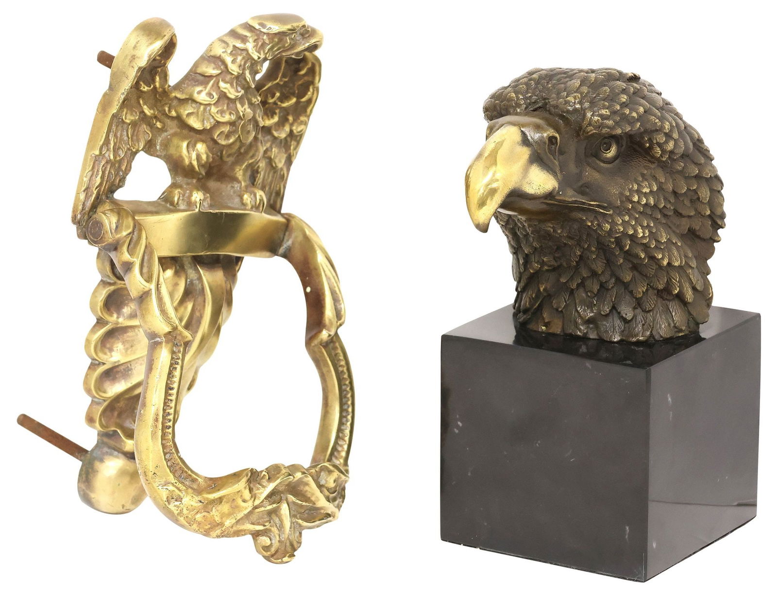 (2) CONTINENTAL BRONZE EAGLE-FORM DOOR KNOCKER & BUST SCULPTURE: (lot of 2) Continental bronze door knocker and sculpture, including: (1) sculpture, Bust of an Eagle, with gilded beak, mounted on a marble plinth, sculpture: approx 4.5"h, 3.5"w, 6.5"d, overall: appr