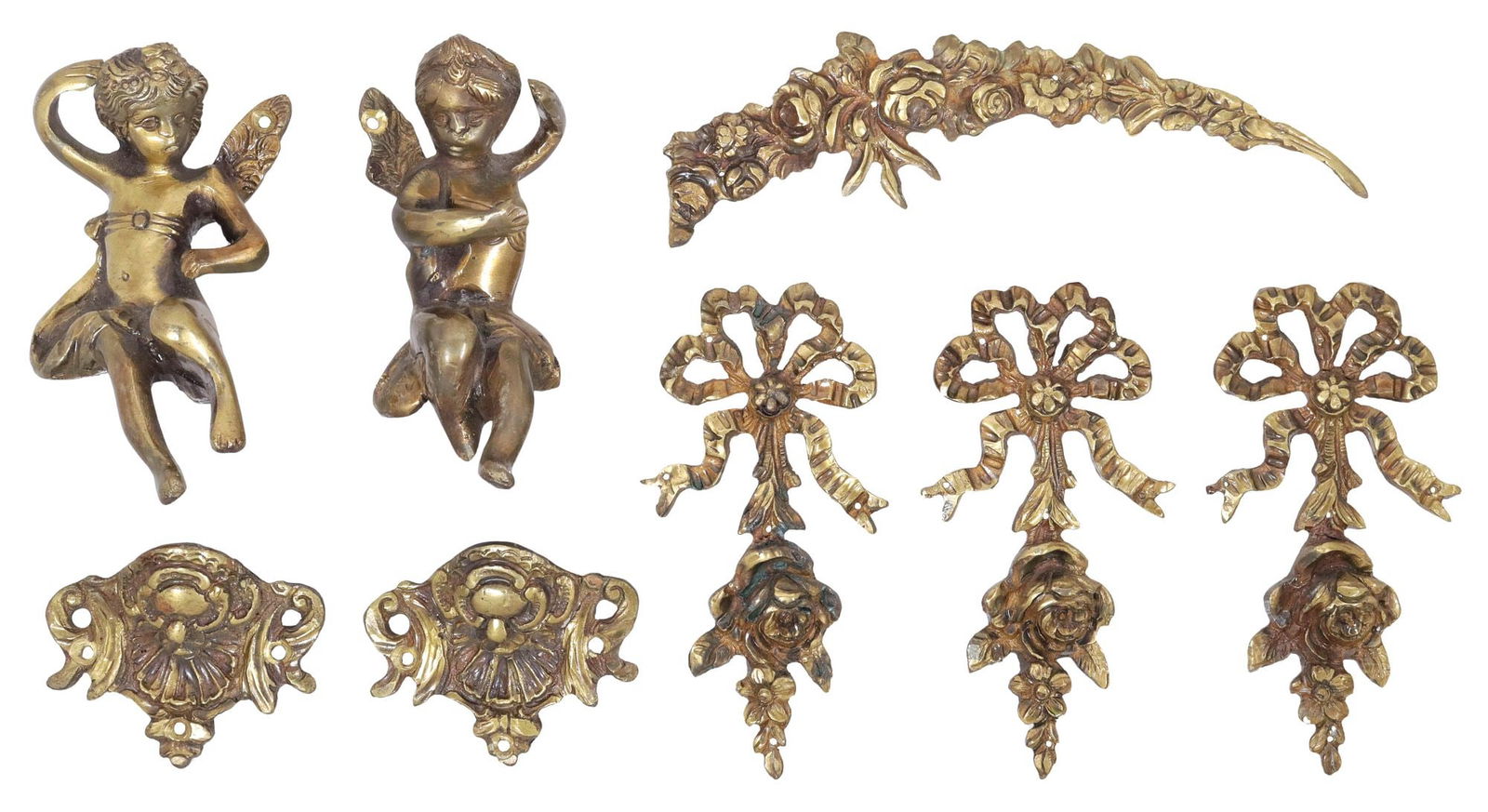 (8) LOUIS XVI STYLE BRASS FURNITURE ORNAMENTS: (lot of 8) Louis XVI style brass furniture ornaments: (2) putti figures, solid brass, each approx. 6.25"l; (1) garland, approx. 9.25"l; (2) shell form drawer pulls, each approx. 3"h, 3.75"w; (3) ribbo