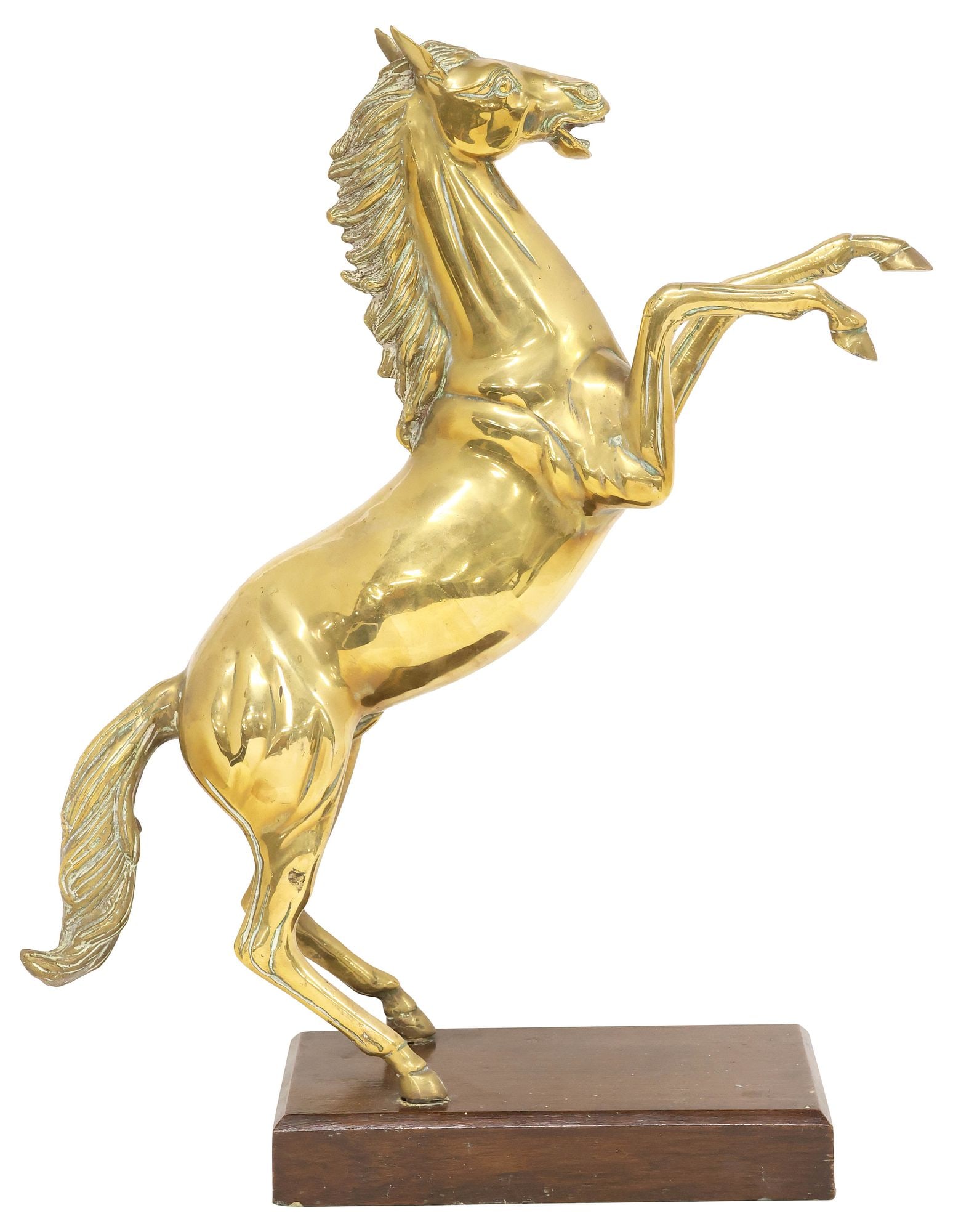 LARGE BRASS ANIMAL SCULPTURE ON OAK BASE, REARING HORSE, 19"H: Brass animal sculpture, Rearing Stallion, rising on an integral rectangular oak plinth, overall: approx 19.25"h, 16"w, 5"d, 7.75lbs