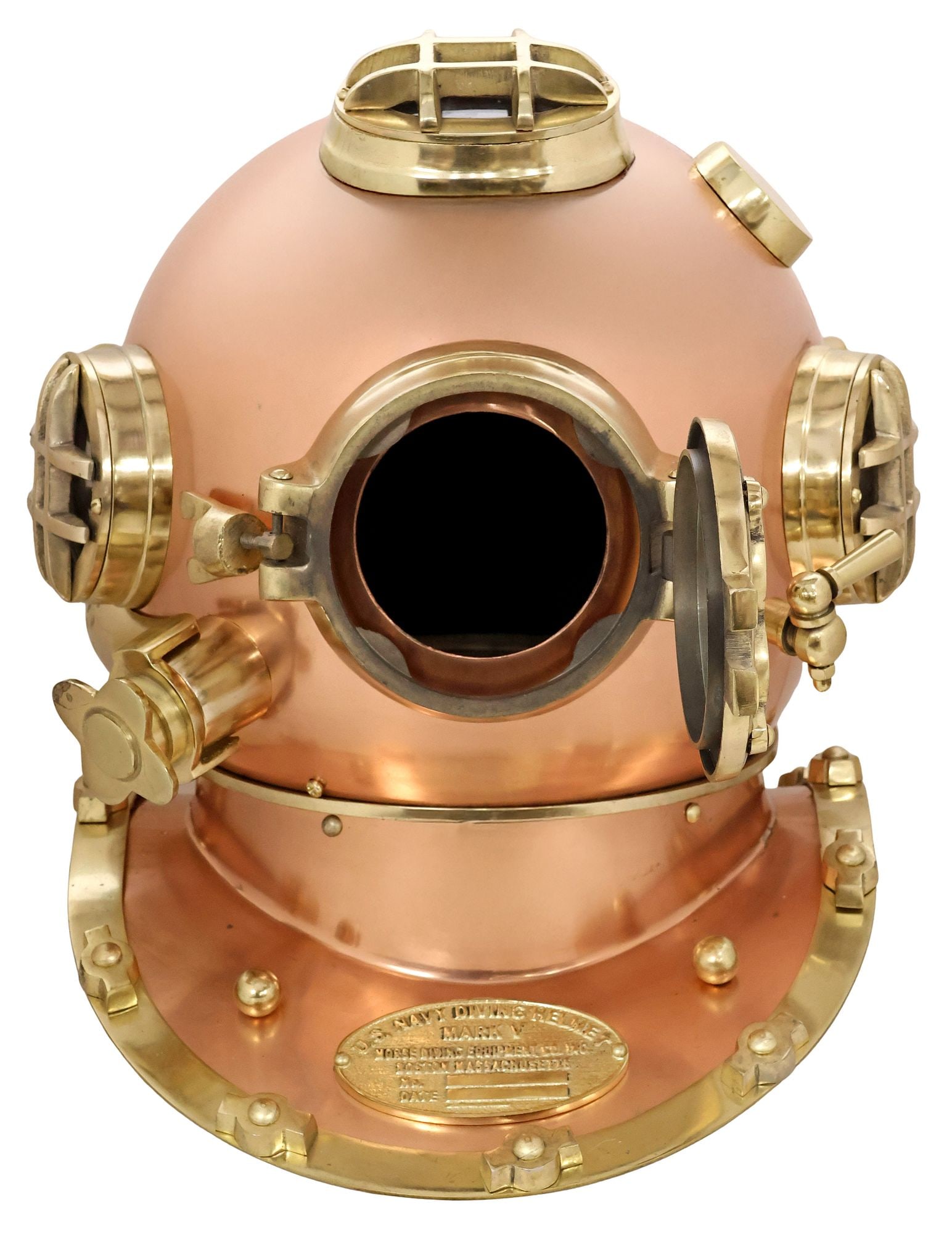 REPLICA COPPER & BRASS U.S. NAVY MARK V MODEL DIVING HELMET: Copper and brass model diver's helmet, 21st c., after U.S. Navy Mark V helmet and breastplate, containing glass panes, approx 16.5"h, 14"w, 16 3/8"d, 11.25lbs