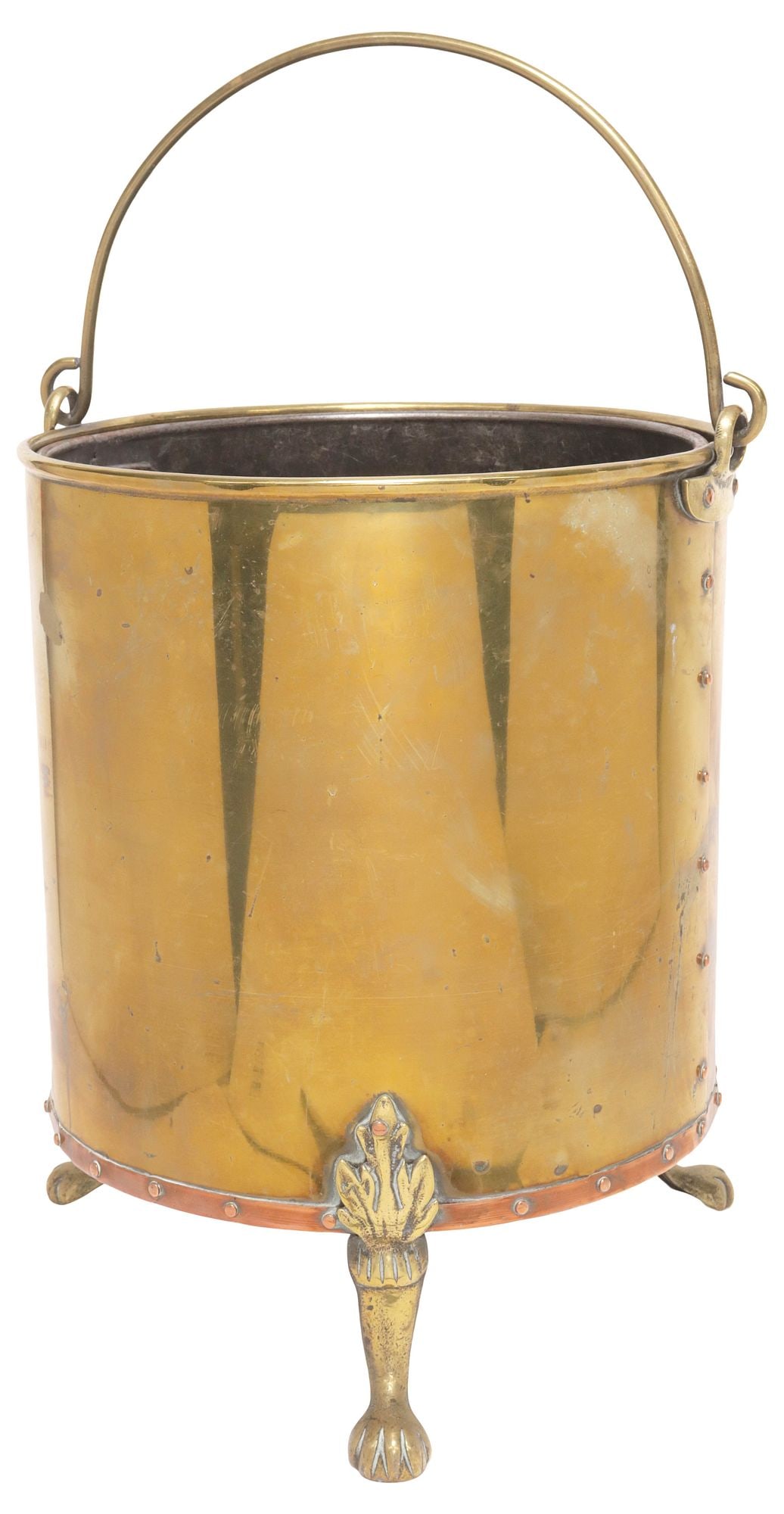 LARGE ENGLISH BRASS HANDLED BUCKET / COAL BIN ON PAW FEET (1 of 5)
