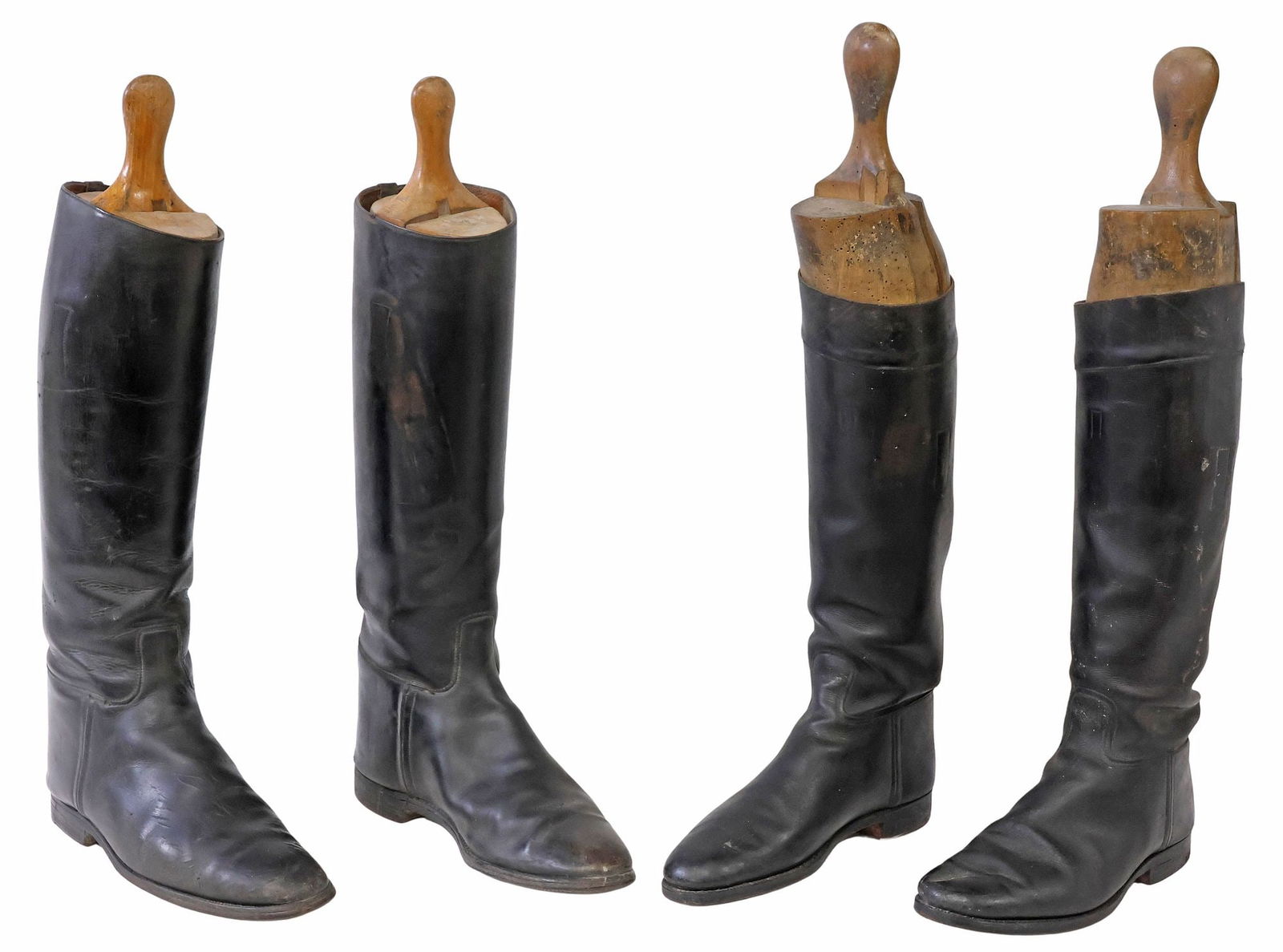 (2 PAIR) ENGLISH BLACK LEATHER RIDING BOOTS WITH TREES: (lot of 2 pairs) English black leather riding boots, each having pointed toe, with boot tree/ shaper, signs of wear commensurate with use, largest boot: approx 17.5"h, 4 1/8"w, 10.5"d, overall: approx