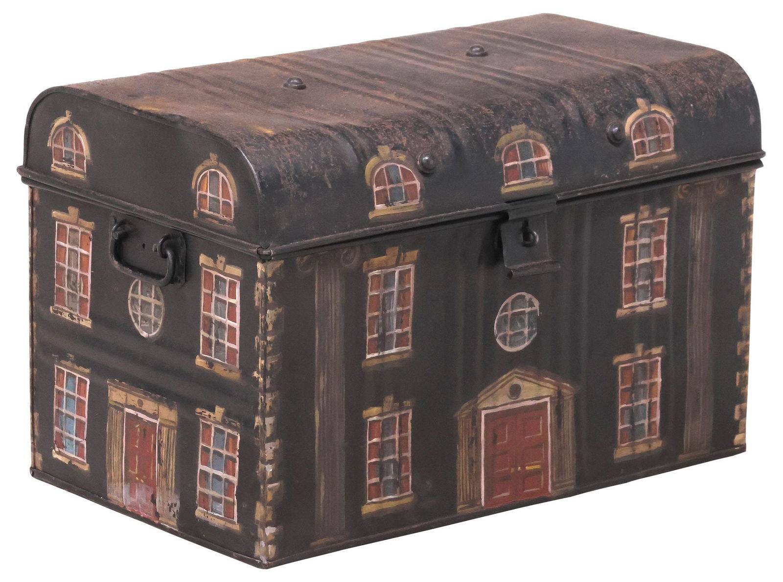 ENGLISH PAINT-DECORATED TOLE HOUSE FACADE WORK BOX: English paint-decorated tole peinte work box, early 20th c., the exterior later painted as a Georgian country house facade, having domed and hinged lid with rivets, revealing open interior storage, fl