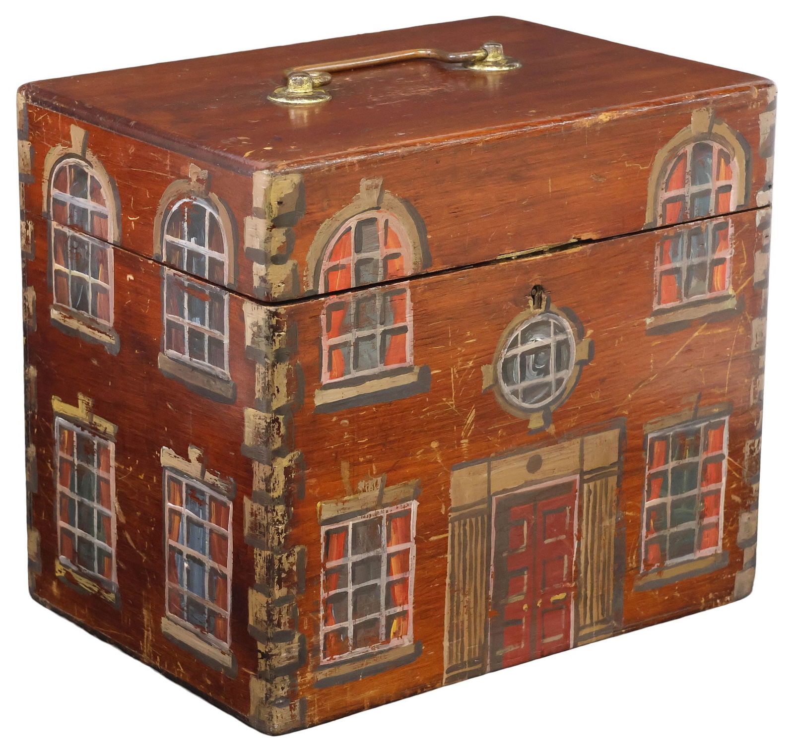 ENGLISH PAINT-DECORATED HOUSE FACADE STORAGE BOX: English painted-decorated oak storage box, 19th c., central handle atop hinged lid, opening to reveal sectioned and lined interior, exterior later painted as a Georgian country house facade, approx 10