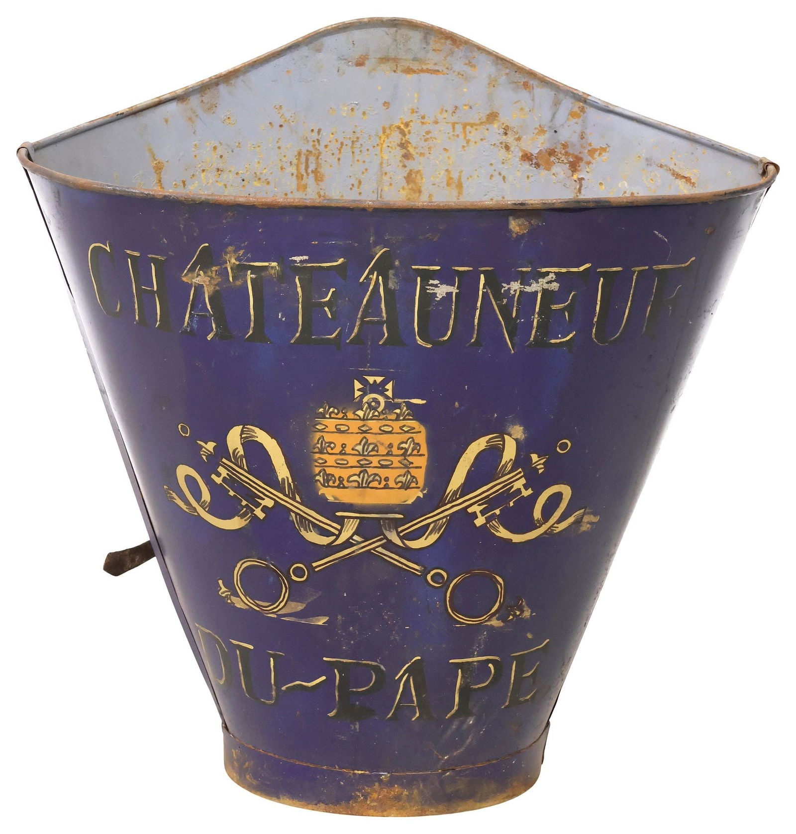 FRENCH VINEYARD PAINTED METAL GRAPE PICKER'S HOTTE / HOD: French paint-decorated galvanized metal grape picker's hotte/ hod, 20th c., later stenciled Chateauneuf Du Pape logo with Saint Peter's keys and papal tiara, retaining worn leather back straps, approx