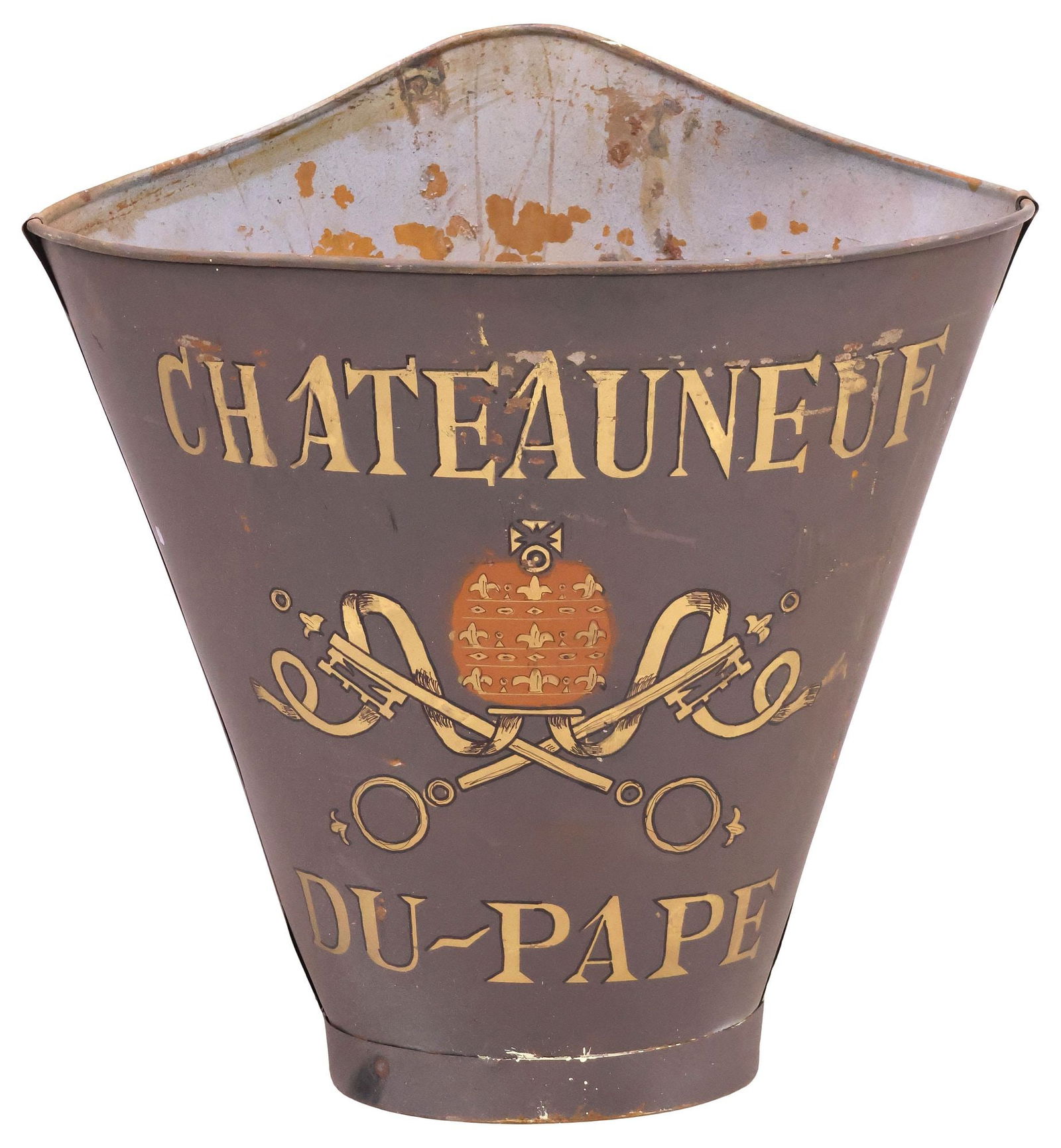 FRENCH VINEYARD PAINTED METAL GRAPE PICKER'S HOTTE / HOD: French paint decorated galvanized metal grape picker's hotte/ hod, 20th c., later stenciled Chateauneuf Du Pape logo with Saint Peter's keys and papal tiara, retaining worn leather back straps, approx