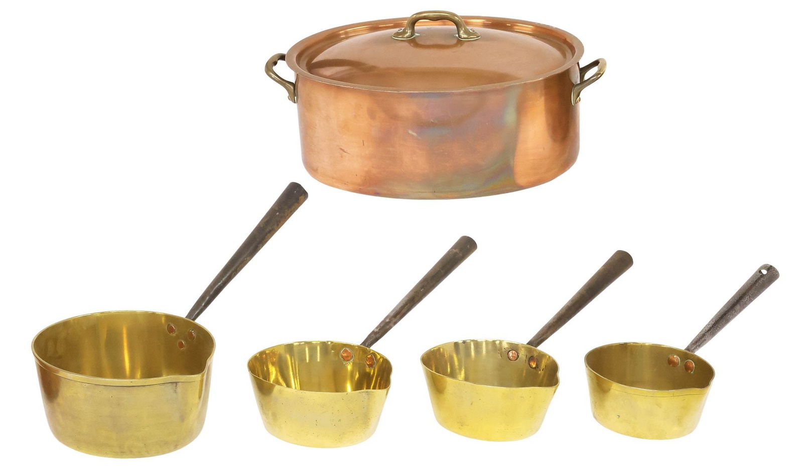 (5) COPPER & BRASS KITCHENWARE, GRADUATED PANS & FRENCH BRAISING PAN (1 of 3)