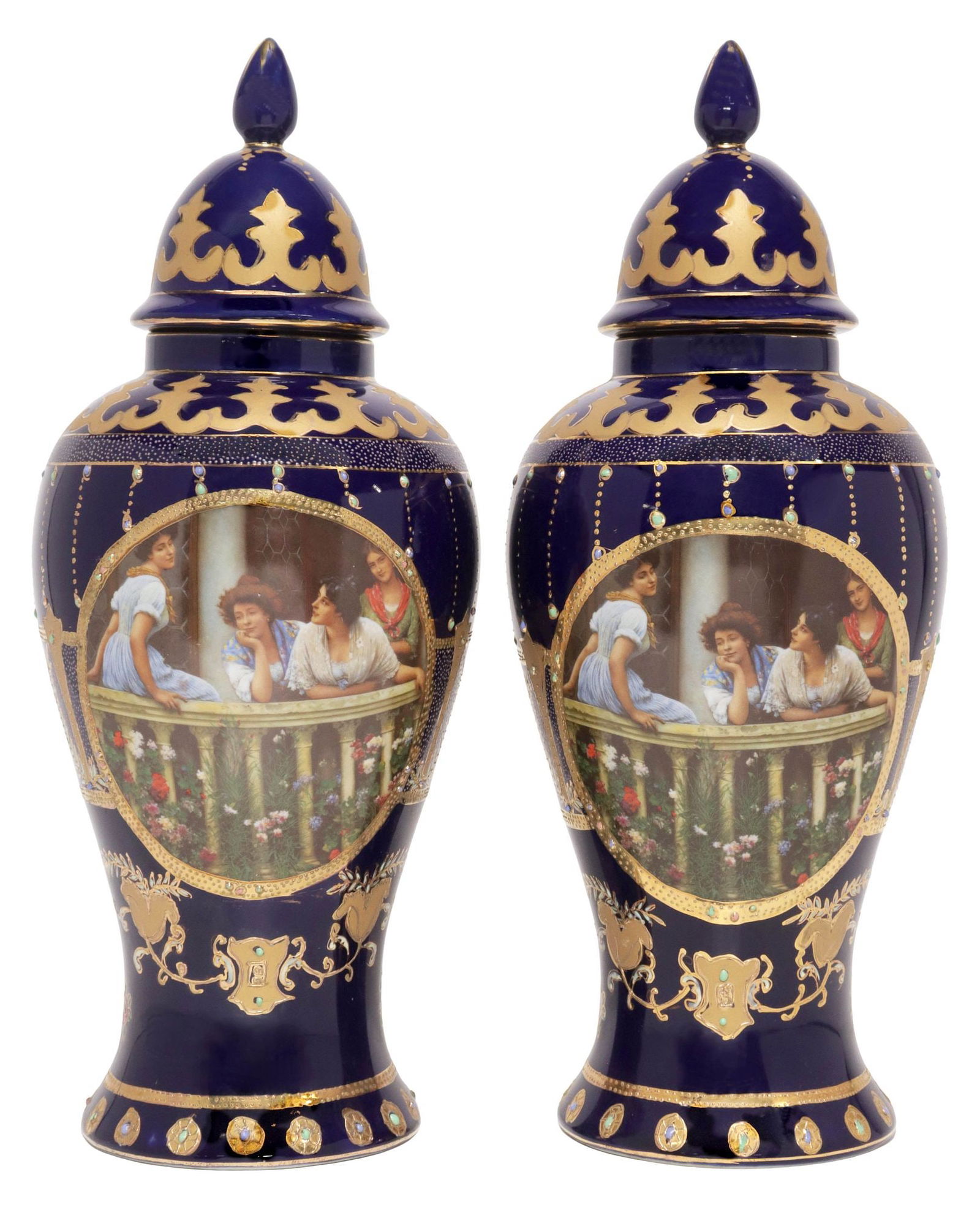 (2) ROYAL LIMOGES (ATTRIB.) PARCEL-GILT COBALT PORCELAIN COVERED VASES (1 of 3)