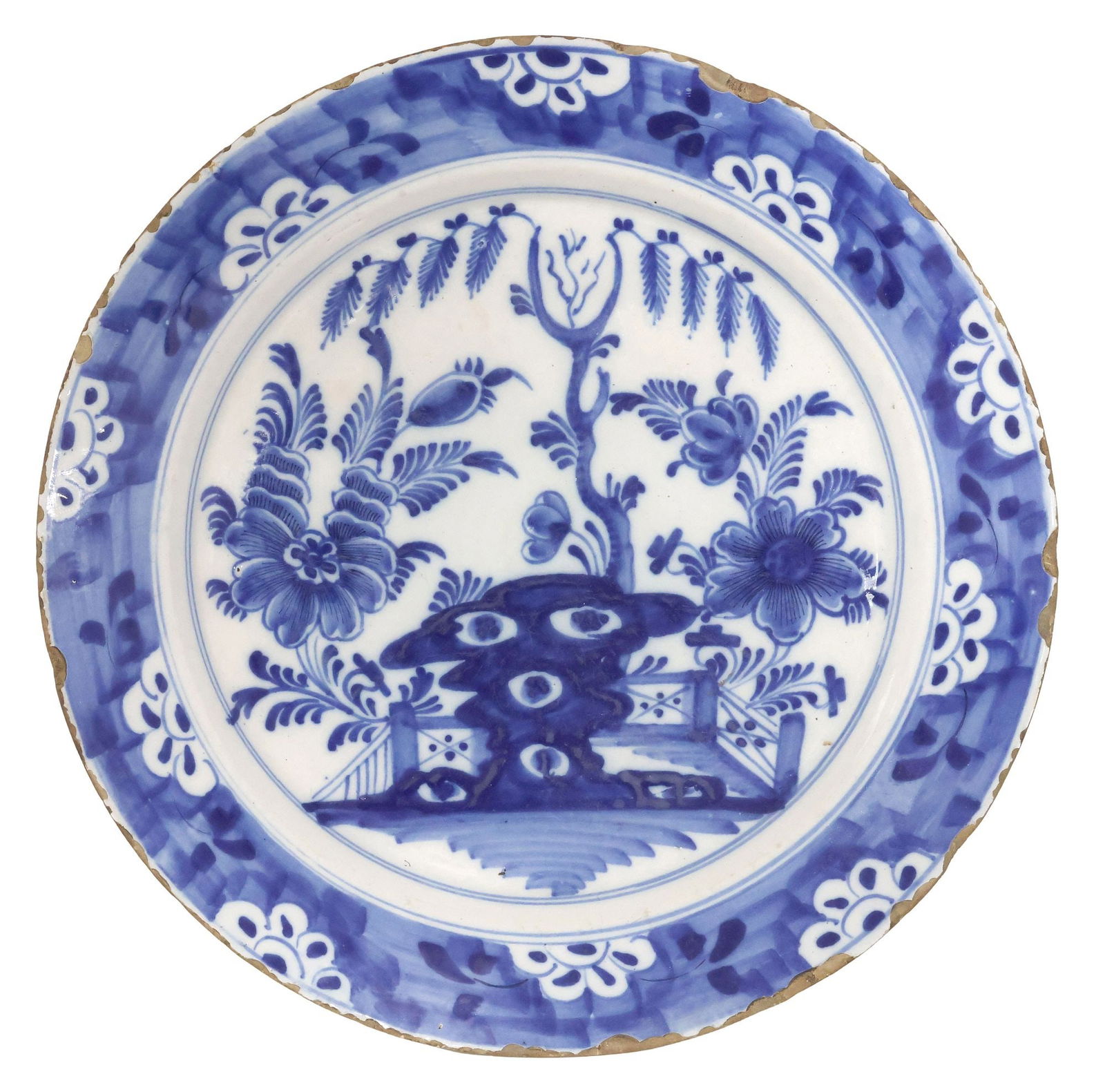 DELFT CHINOISERIE BLUE & WHITE CHARGER, 18TH C. (1 of 2)