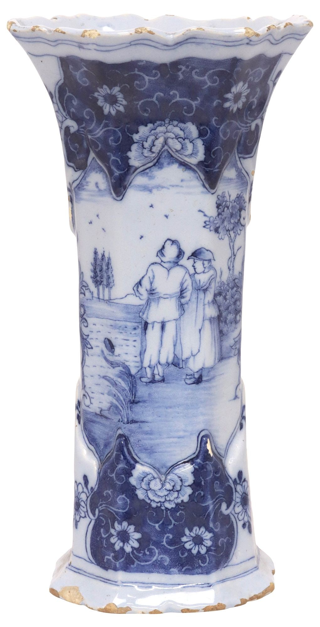DUTCH DELFT BLUE & WHITE TIN-GLAZED EARTHENWARE BEAKER VASE: Dutch Delft blue and white tin-glazed earthenware garniture vase, 18th/ 19th c., of octagonal beaker form, central painted reserve depicting a couple standing by a creek, framed by flowers and foliate