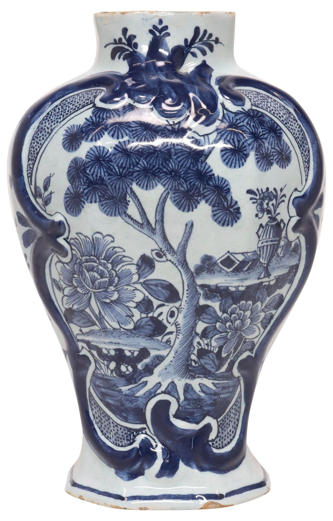 DELFT BLUE & WHITE TIN-GLAZED EARTHENWARE VASE, LATE 18TH C.: Delft blue and white tin-glazed earthenware vase, late 18th c., tapering body, central cartouche depicting Chinoiserie garden with tree and chrysanthemums, framed by foliated scrolls, flared foot, wit