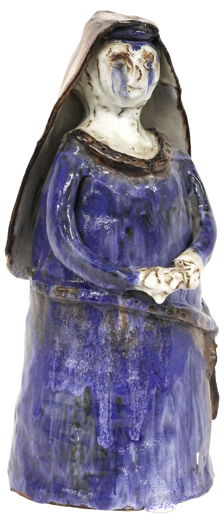 GLAZED STONEWARE FIGURAL SCULPTURE, NUN IN BLUE: Glazed stoneware figural sculpture, Nun in Blue with Clasped Hands, marked AC underfoot, approx 15"h, 7.5"w, 7"d, 10.5lbs