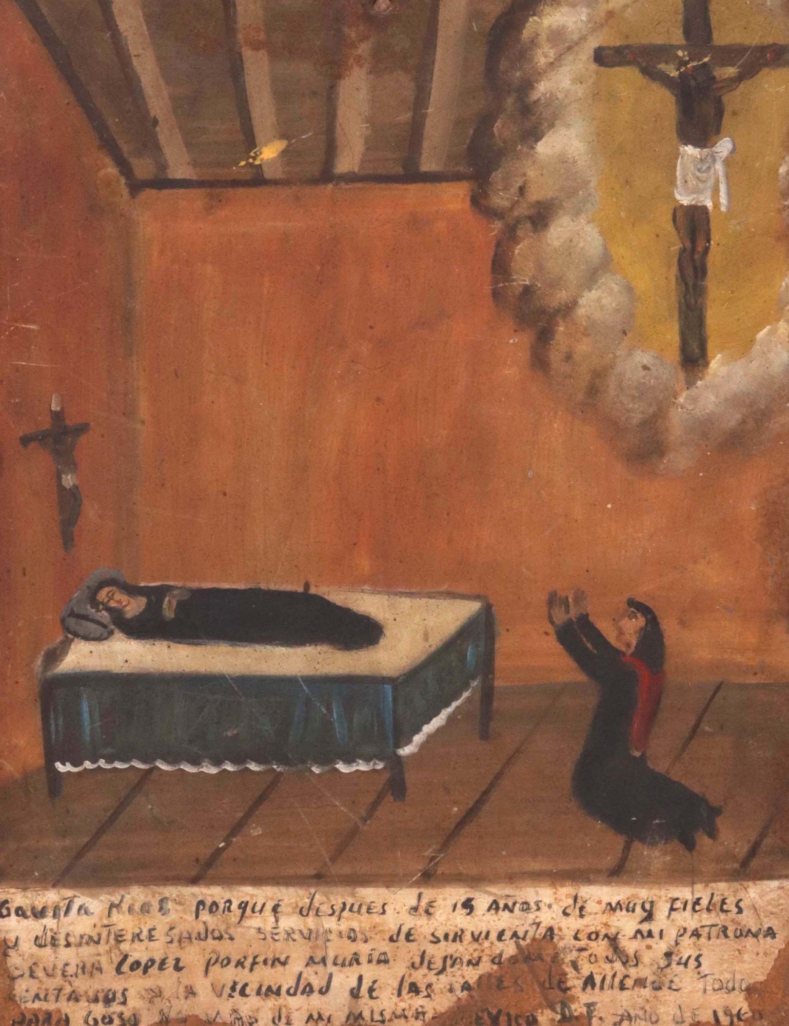 FRAMED MEXICO EX-VOTO RETABLO, C. 1960: Framed Retablo Ex-voto, Mexico, c. 1960, a painting on tin depicting a nun, likely a Mother Superior in a black habit, a red scapular at her back, kneeling and praying to Christ for a nun in blac