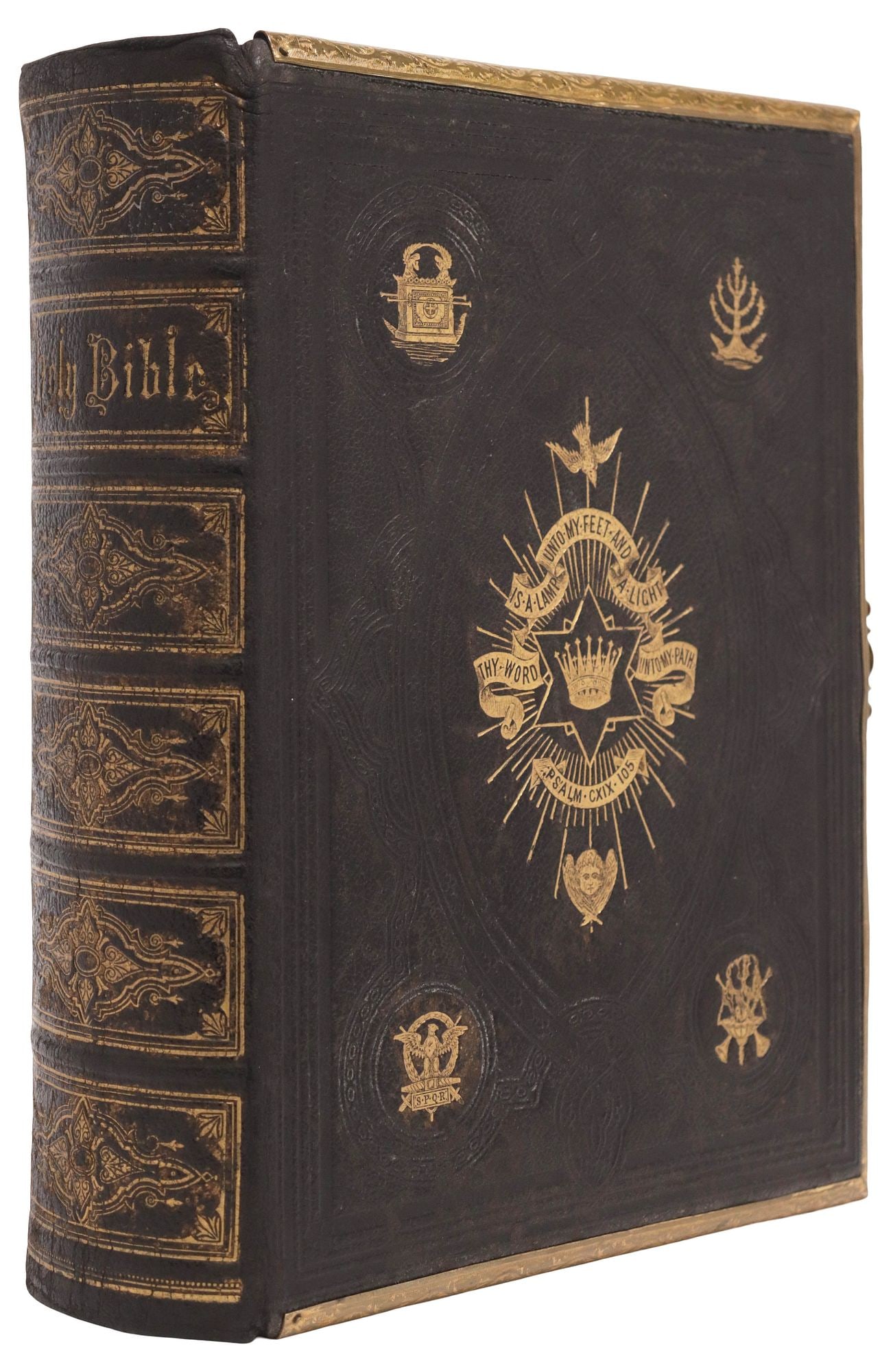 ANTIQUE ENGLISH LEATHER & BRASS BOUND HOLY BIBLE (1 of 7)