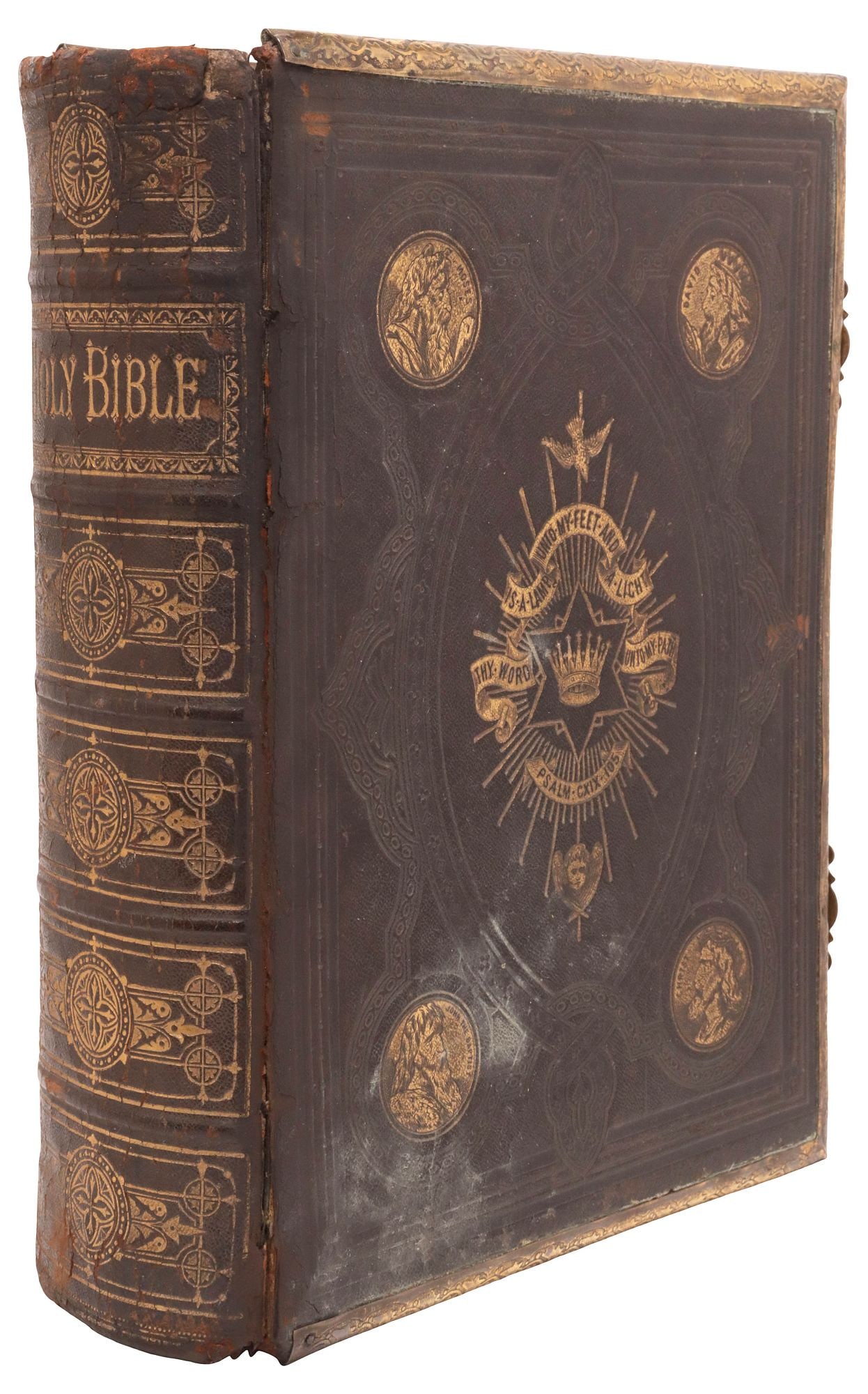 ANTIQUE ENGLISH LEATHER & BRASS-BOUND HOLY BIBLE (1 of 6)