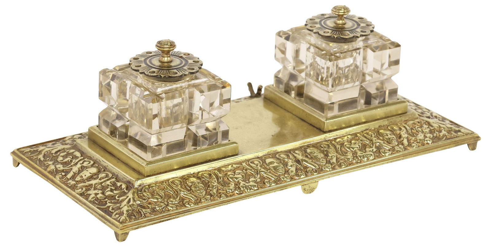 VICTORIAN GILT-METAL & CUT-GLASS DOUBLE INKWELL DESK STAND: English Victorian gilt-metal and glass inkstand, late 19th/ early 20th c., rectangular stand, ornate trim with foliate mask motif, issuing two pen holders, and two cut glass inkwells with pierced flor