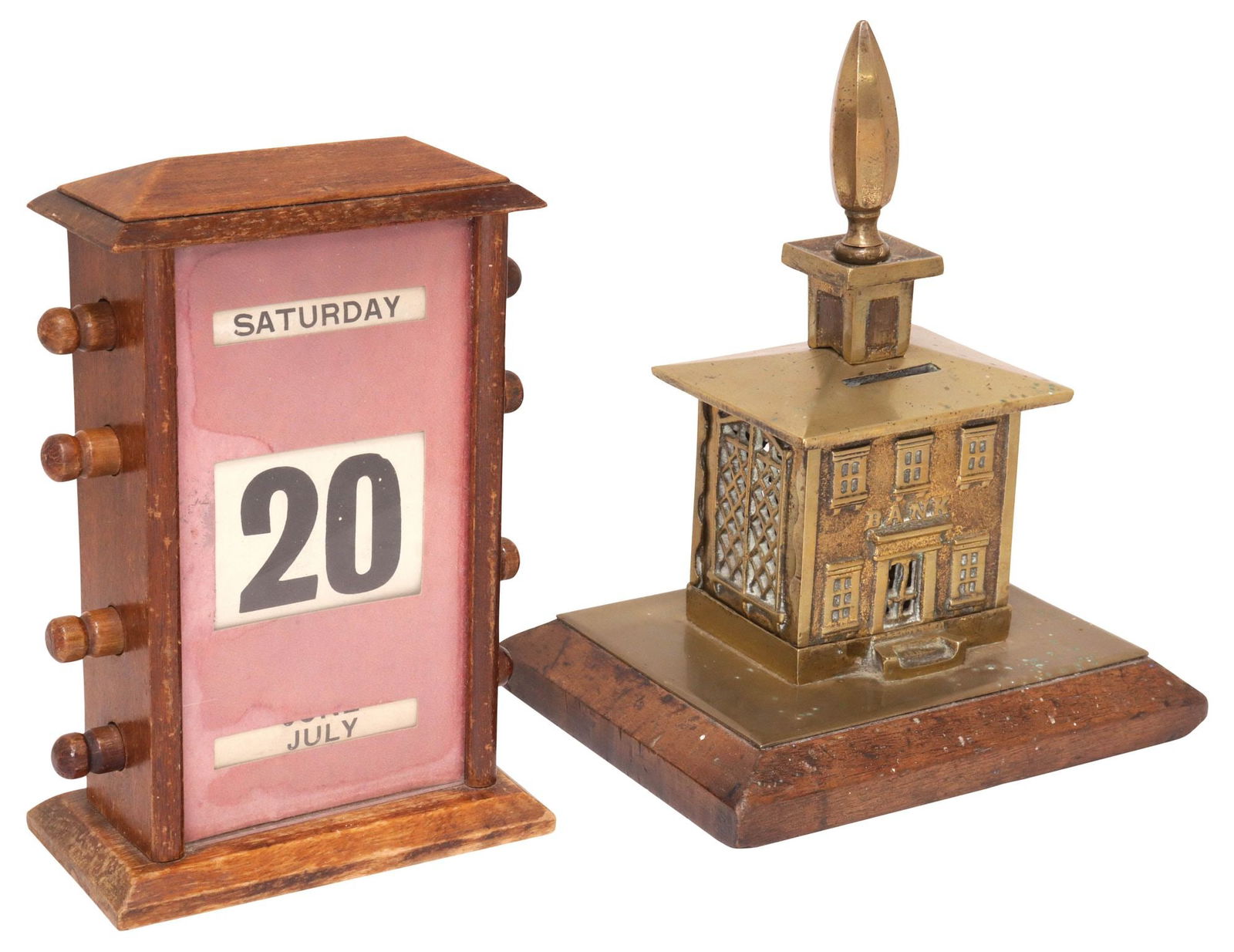 (2) ENGLISH TABLE ITEMS: BRASS BANK-FORM MONEY BOX & DESKTOP CALENDAR: English desk/ table items, early 20th c., including: (1) wood desktop calendar, wood frame, encasing glass-front calendar face, flanked by turned knobs, on rectangular plinth, working condition, with