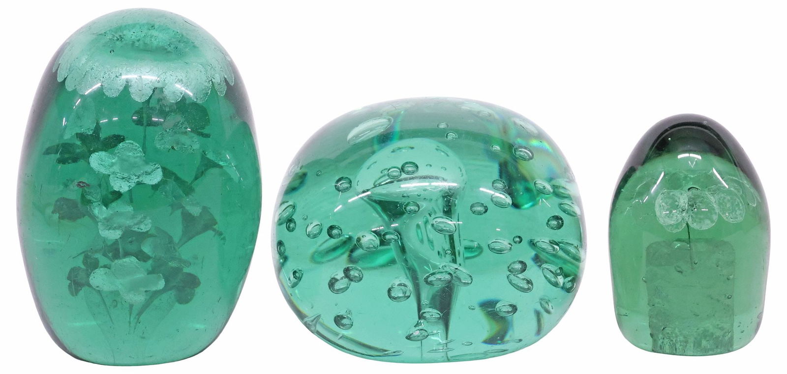 (3) ENGLISH GREEN ART GLASS PAPERWEIGHTS, LAMPWORK FLOWERS (1 of 7)