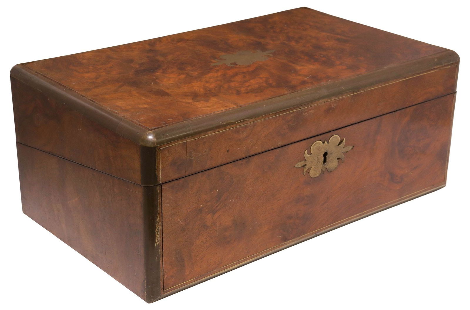 ENGLISH BRASS-MOUNTED BURLED WALNUT WRITING SLOPE / TRAVEL BOX (1 of 8)