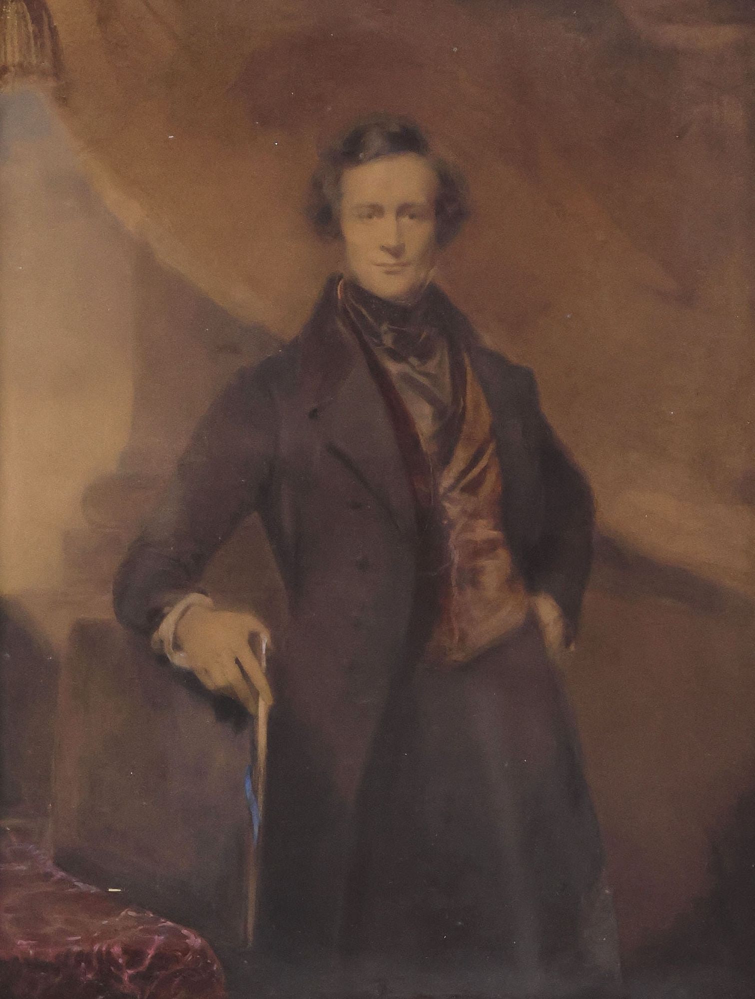 FRAMED ENGLISH SCHOOL TINTED INTAGLIO PRINT, PORTRAIT OF A GENTLEMAN: Framed English School hand-tinted intaglio print on paper laid on canvas, Portrait of an English Gentleman, sight: approx 18.5"h, 13.5"w, overall: approx 32"h, 25.5"w, 16lbs