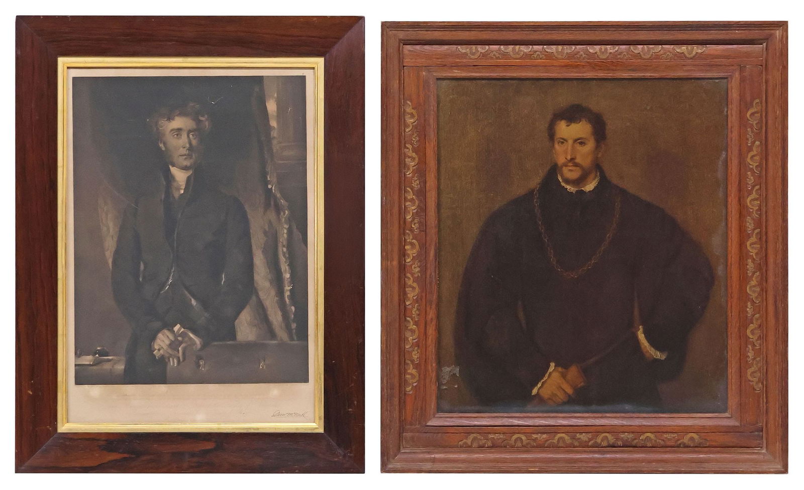 (2) PORTRAIT PRINTS, 'YOUNG ENGLISHMAN' AFTER TITIAN & BARON DUNCAN MCNEILL: (lot of 2) Framed prints on paper, including: (1) mezzotint, Portrait of Duncan McNeill, Baron of Colonsay and Oronsay (1793-1874), after Thomas Duncan (Scottish, 1807-1845), mezzotint by Edward Burto