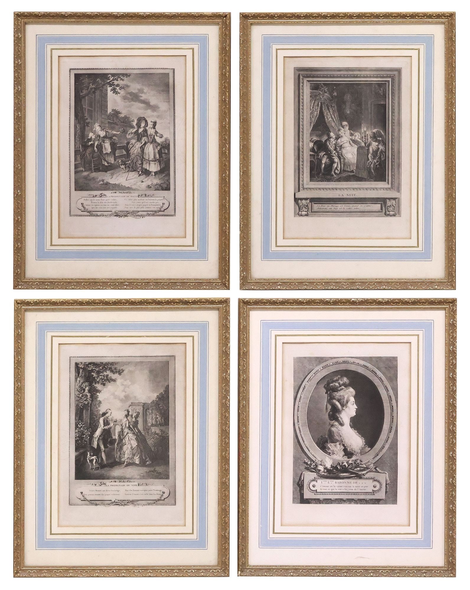 (4) FRAMED ENGRAVINGS, FRENCH COSTUME PLATES & FEMALE PORTRAIT: (lot of 4) Framed engravings on laid paper, each titled with inscription, including: (3) after Sigmund Freudenberger (Swiss, 1745-1801), from the series "Estampes du Costume (Costume Prints)," engrave