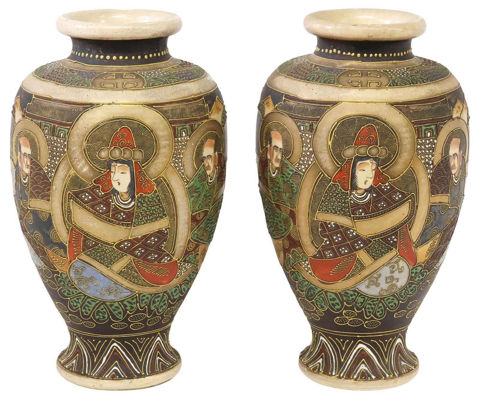 (2) JAPANESE SATSUMA STYLE PORCELAIN BUDDHIST 'RAKAN' VASES: (pair) Japanese Satsuma style porcelain vases, each depicting scenes of the Buddhist rakan (arhats) on gilt over cream glaze ground, with raised enamel fine line patterning throughout, two-character m