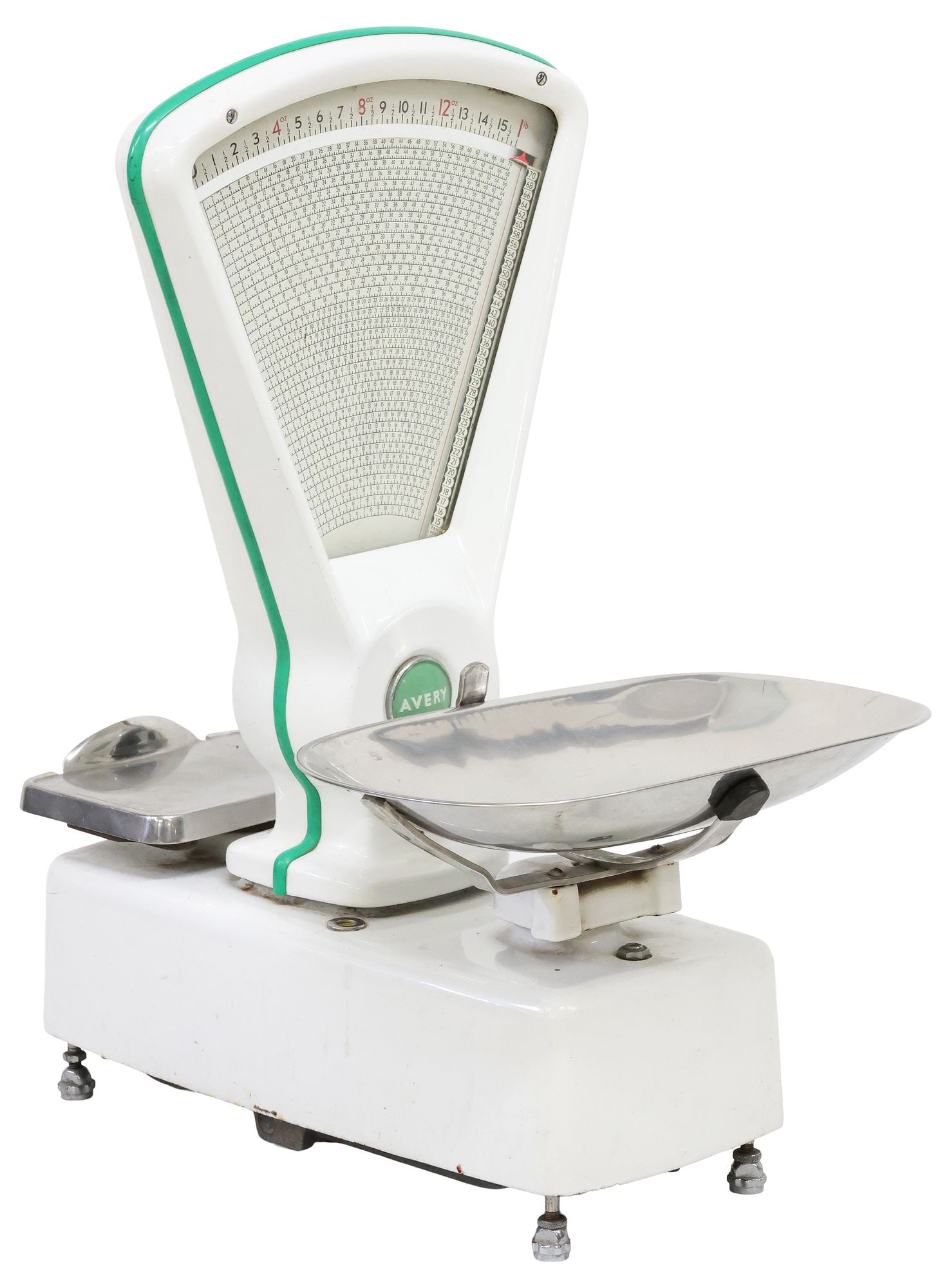 LARGE ENGLISH AVERY ENAMELED SHOP COUNTER SCALE: English white enamel grocer or butcher shop scale, W & T Avery Limited, mid 20th c., with green accents, silver-tone metal pan and weighing plate, approx 30.5"h, 16.5"w, 25.5"d, 100