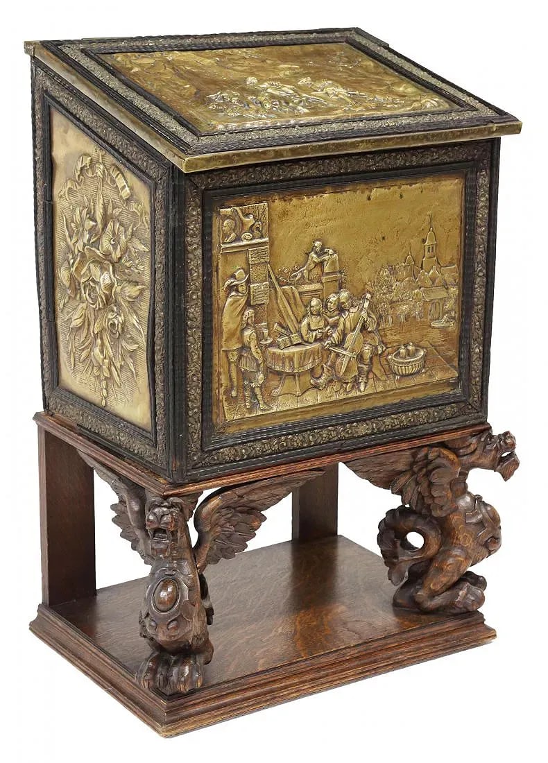 DUTCH BRASS REPOUSSE COAL BIN ON WINGED GRIFFIN CARVED OAK STAND (1 of 8)