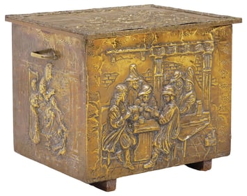 DUTCH BRASS-CLAD TAVERN SCENE REPOUSSE COAL BIN / BOX, 17.5"H