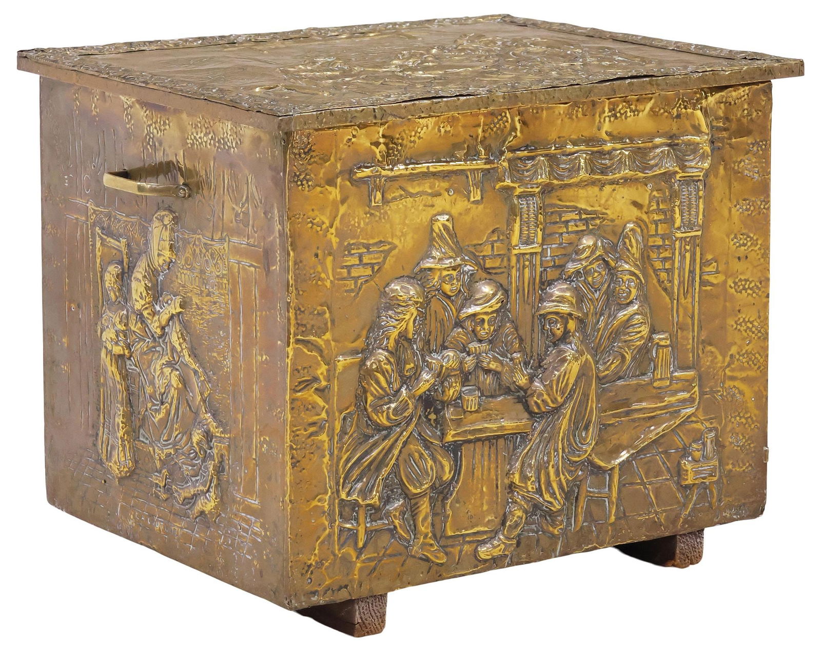DUTCH BRASS-CLAD TAVERN SCENE REPOUSSE COAL BIN / BOX, 17.5"H (1 of 6)