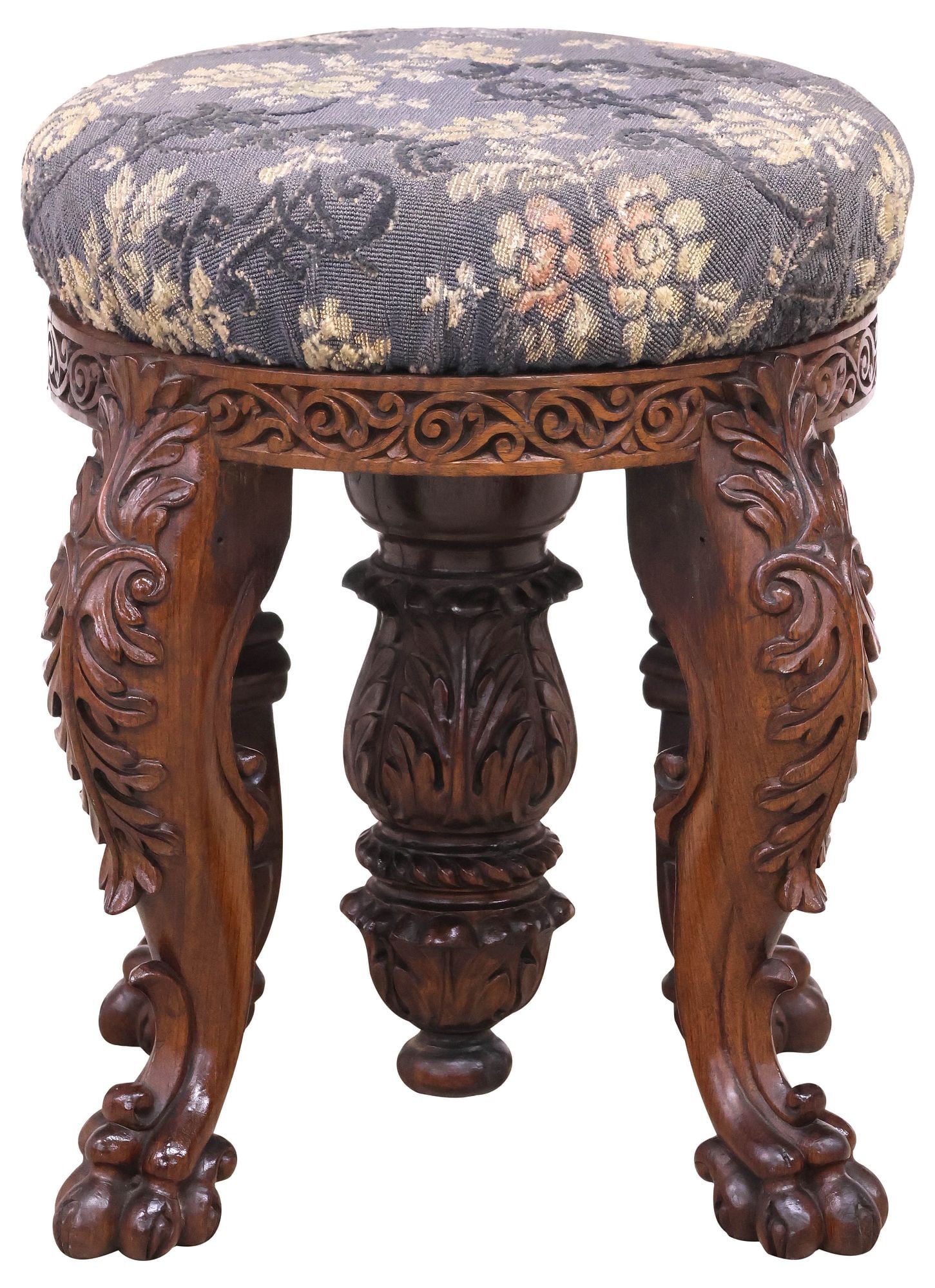ENGLISH VICTORIAN CARVED MAHOGANY UPHOLSTERED PIANO STOOL (1 of 4)